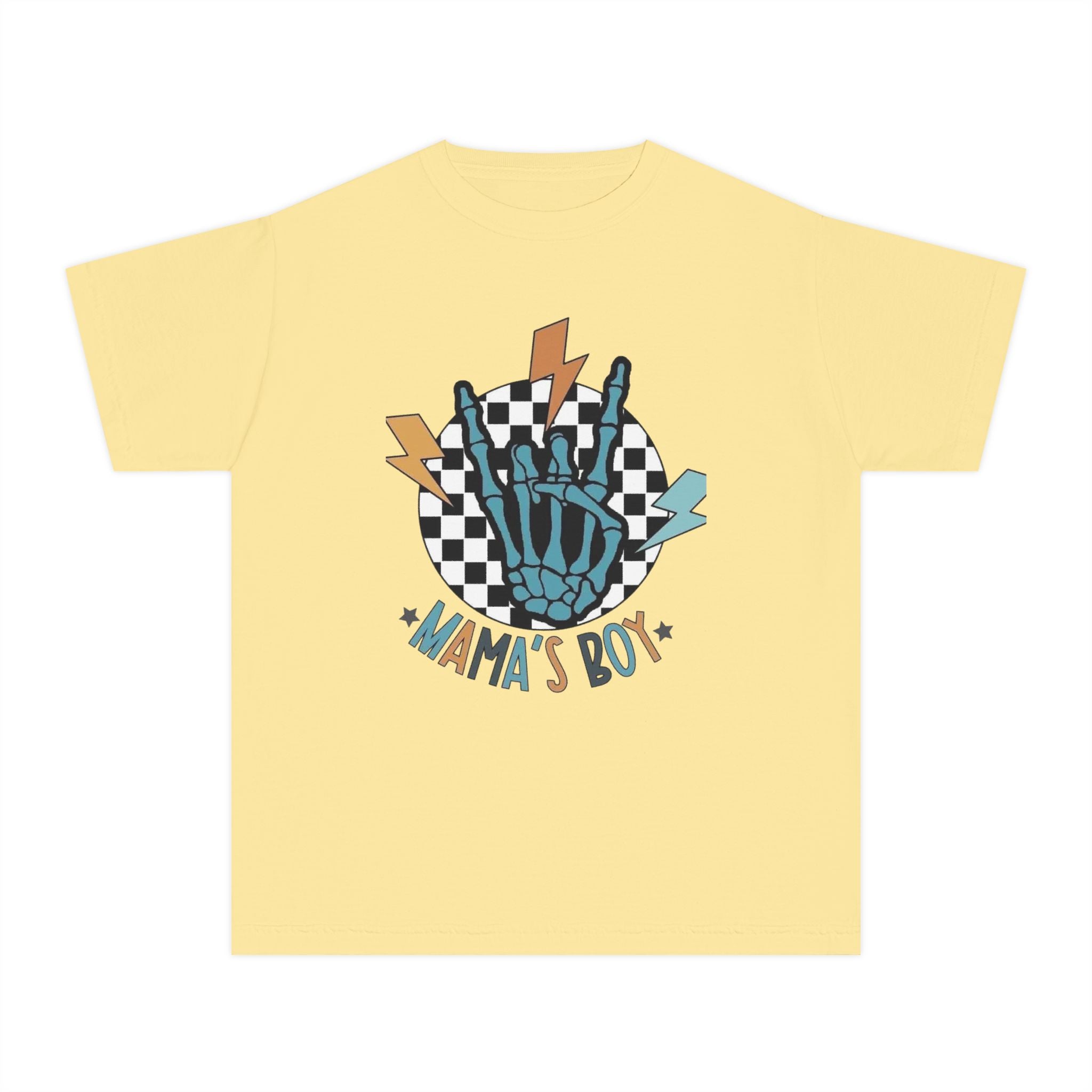 Mama's Boy Youth Tee — Retro Skate Skeleton Hand Graphic Shirt