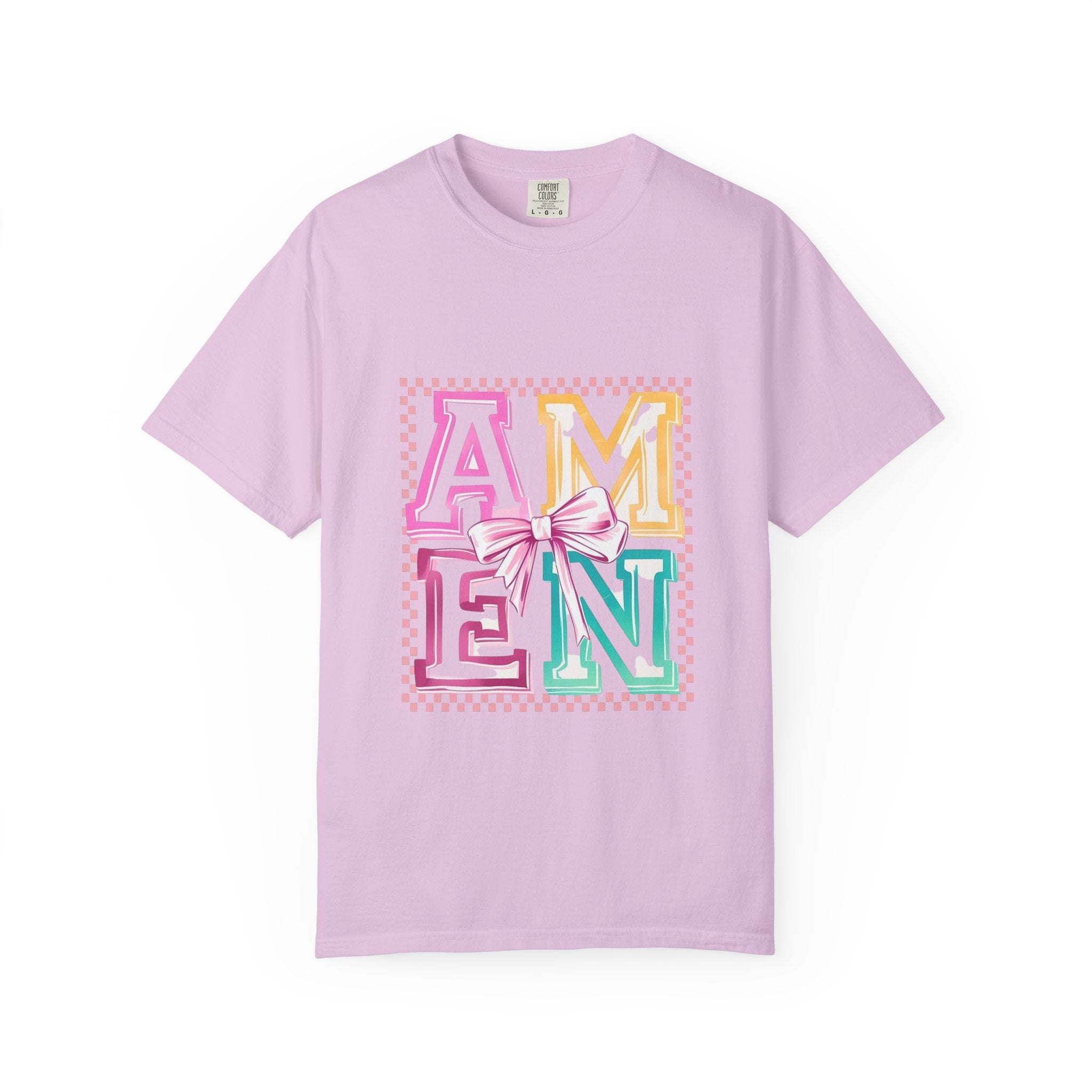 Amen Pastel Graphic T-Shirt — Retro Lettering with Bow