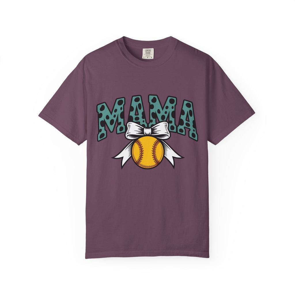 Softball Mama T-Shirt — Polka Dot 'MAMA' Design with Bow & Softball
