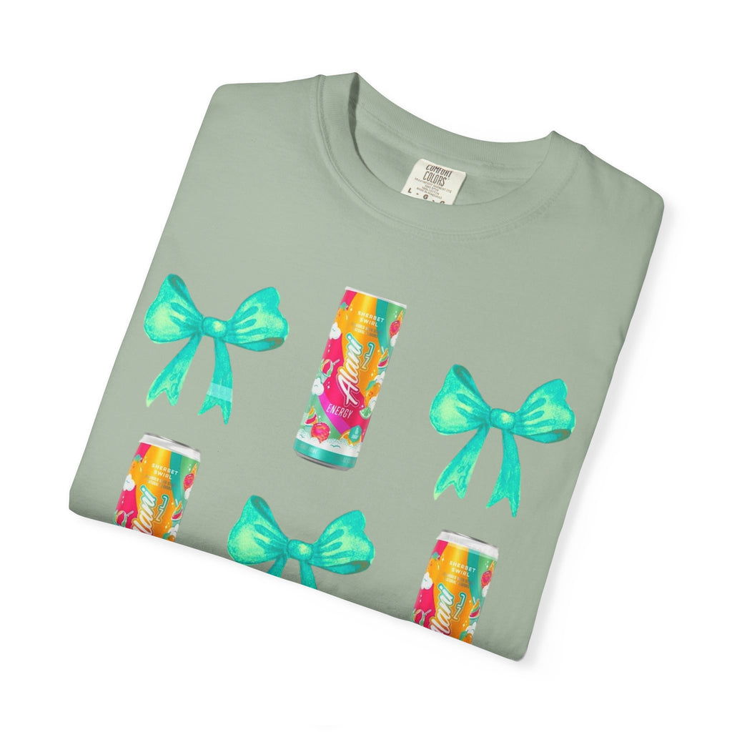 Bow & Can Pattern T-Shirt — Colorful Soda Can and Teal Bows Graphic Tee