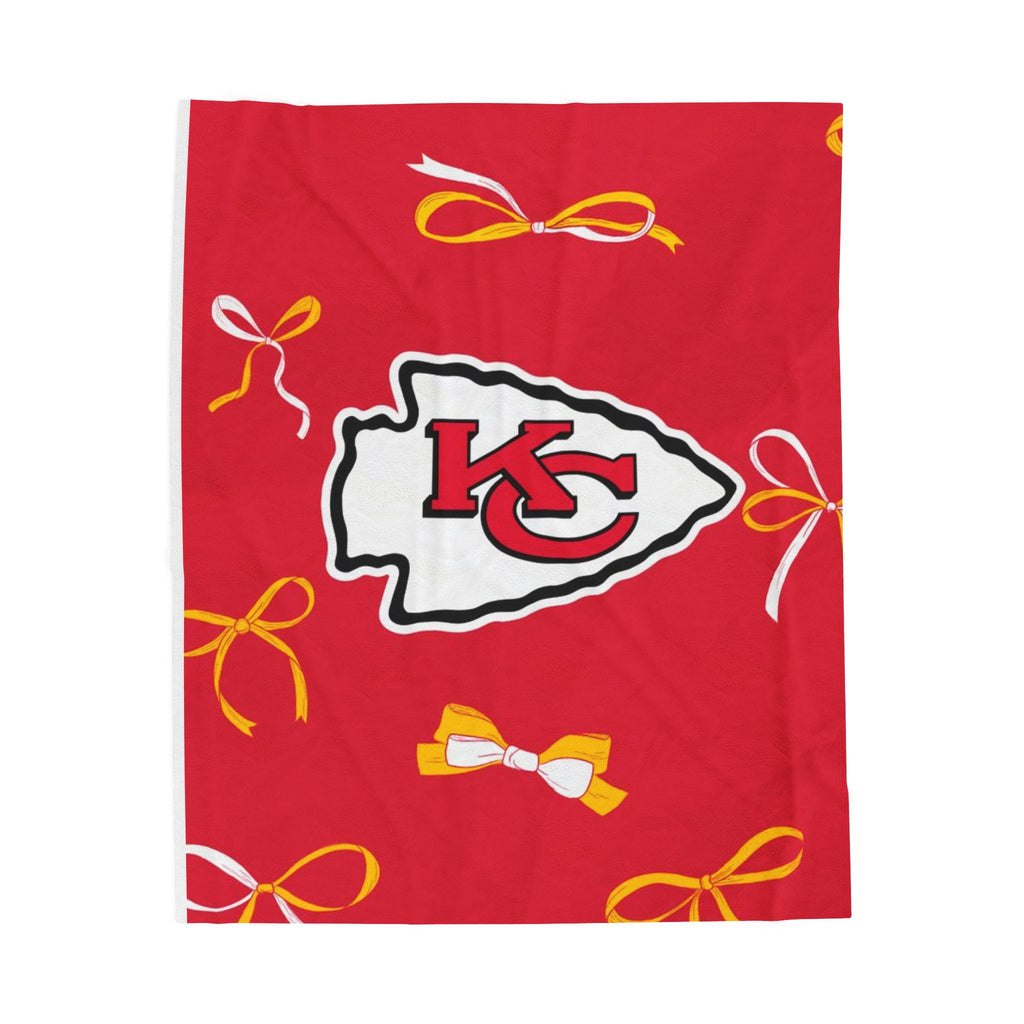 Kansas City Chiefs Velveteen Plush Blanket — Red Bow Pattern Cozy Throw
