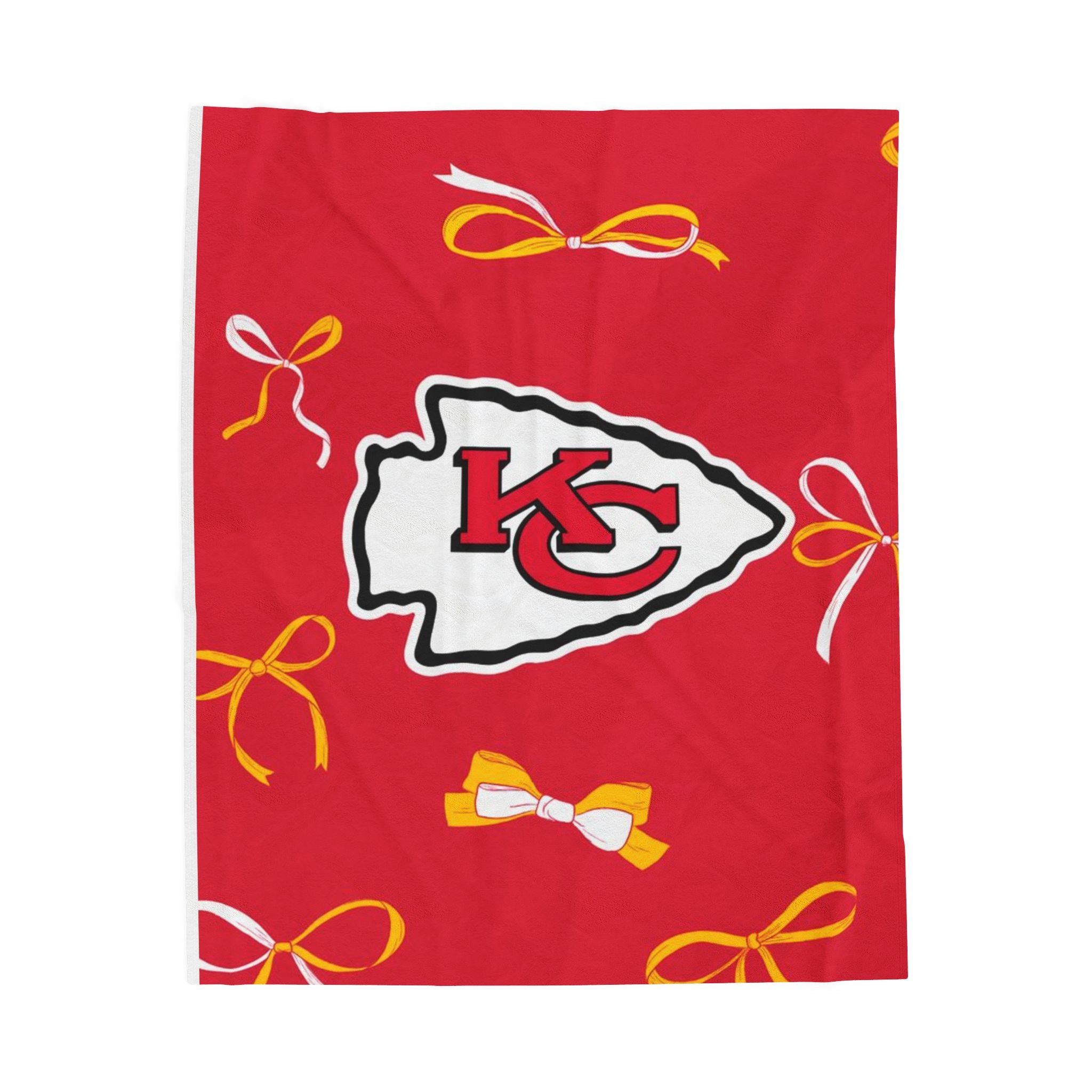 Kansas City Chiefs Velveteen Plush Blanket — Red Bow Pattern Cozy Throw