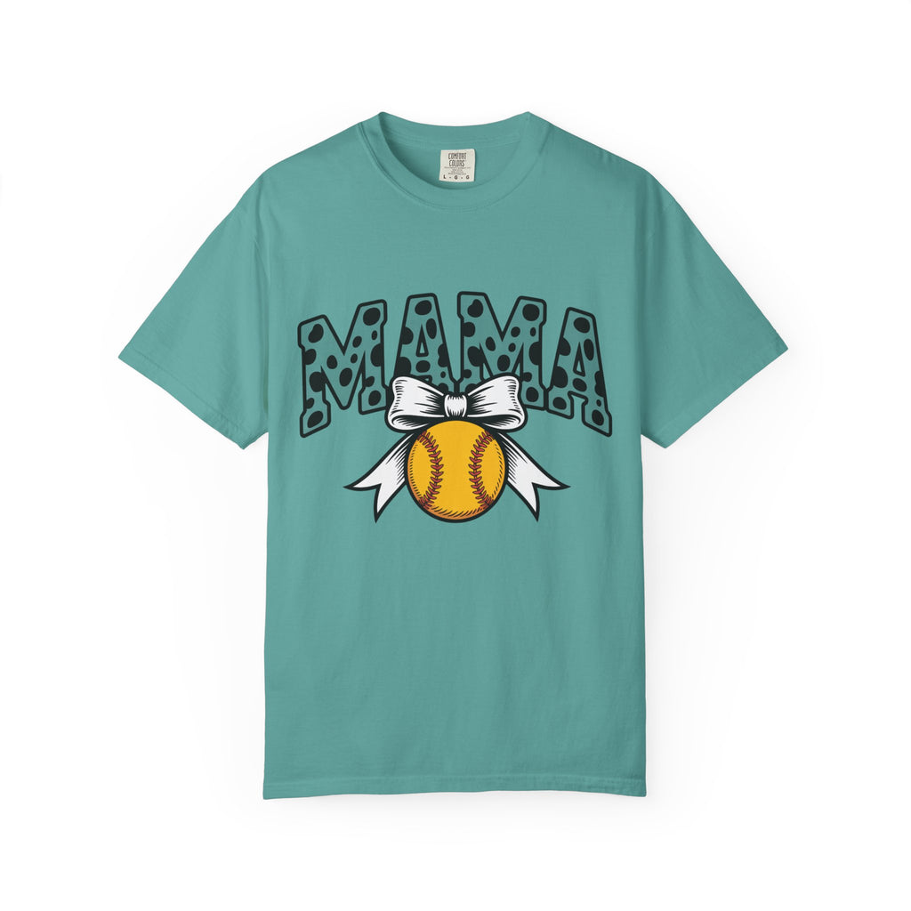 Softball Mama T-Shirt — Polka Dot 'MAMA' Design with Bow & Softball