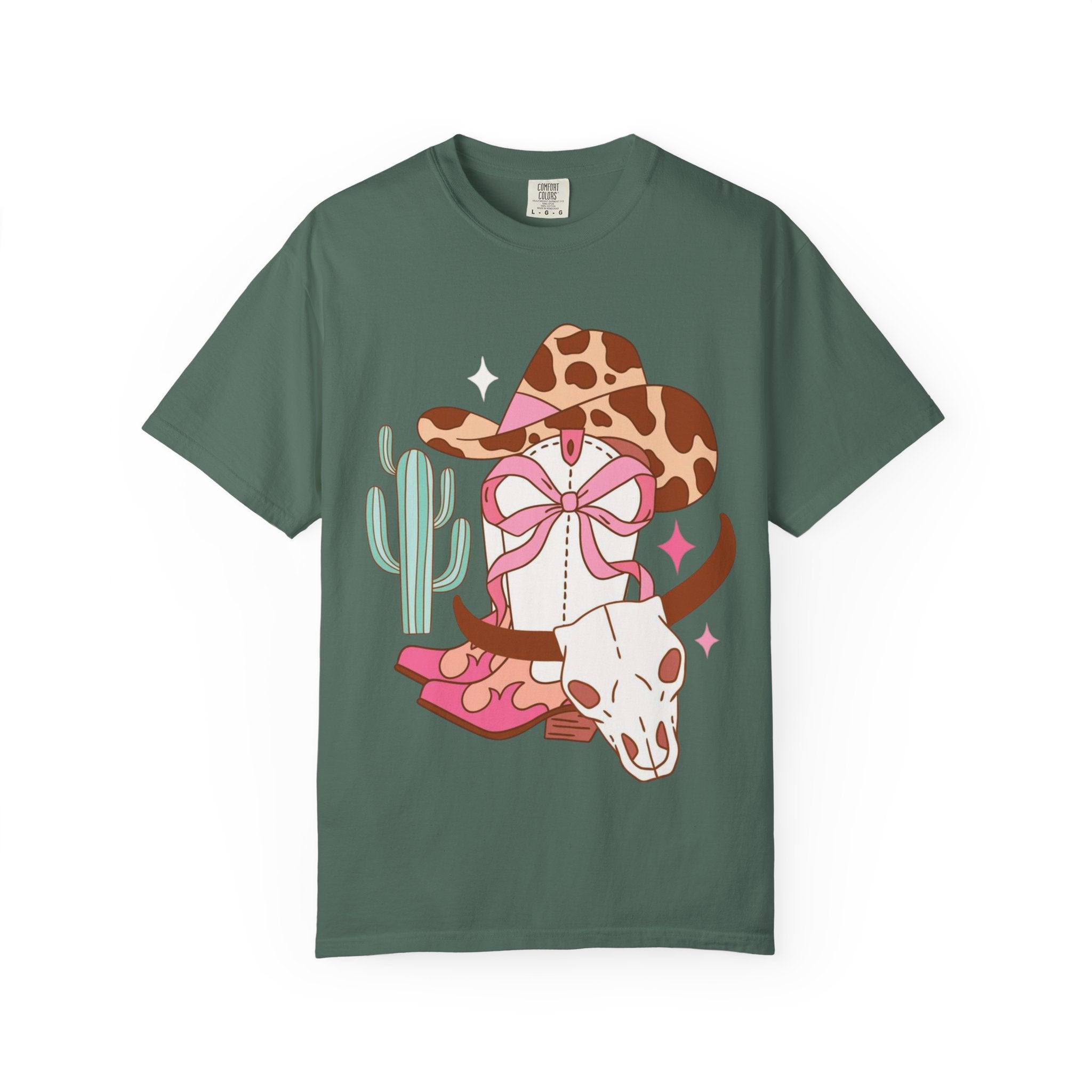 Cowgirl Skull Graphic T-Shirt — Western Cowhide Hat & Cactus Tee