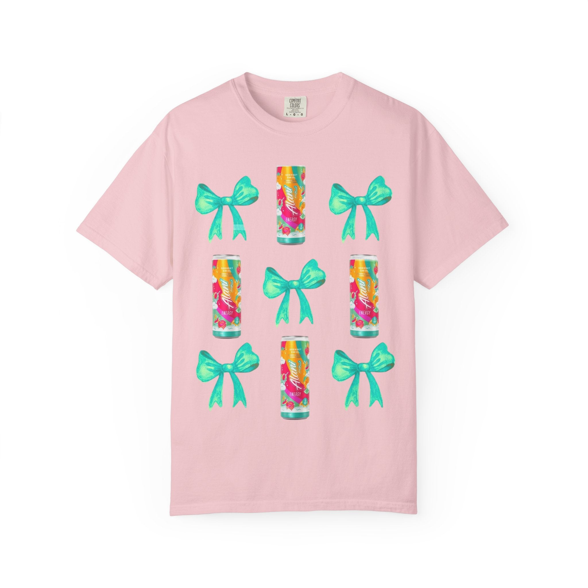 Bow & Can Pattern T-Shirt — Colorful Soda Can and Teal Bows Graphic Tee