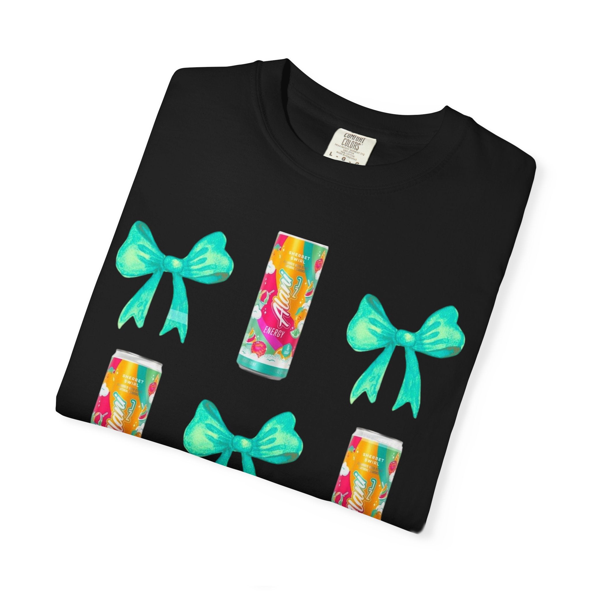 Bow & Can Pattern T-Shirt — Colorful Soda Can and Teal Bows Graphic Tee