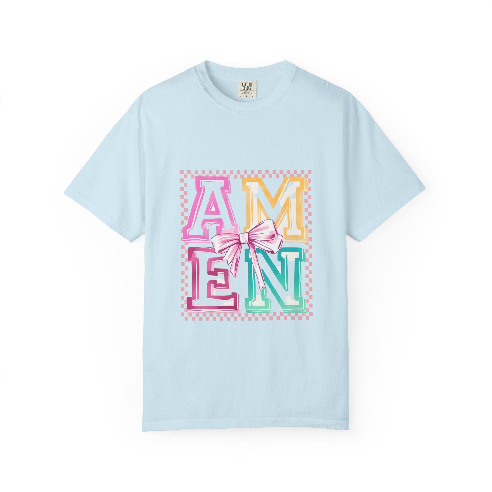Amen Pastel Graphic T-Shirt — Retro Lettering with Bow