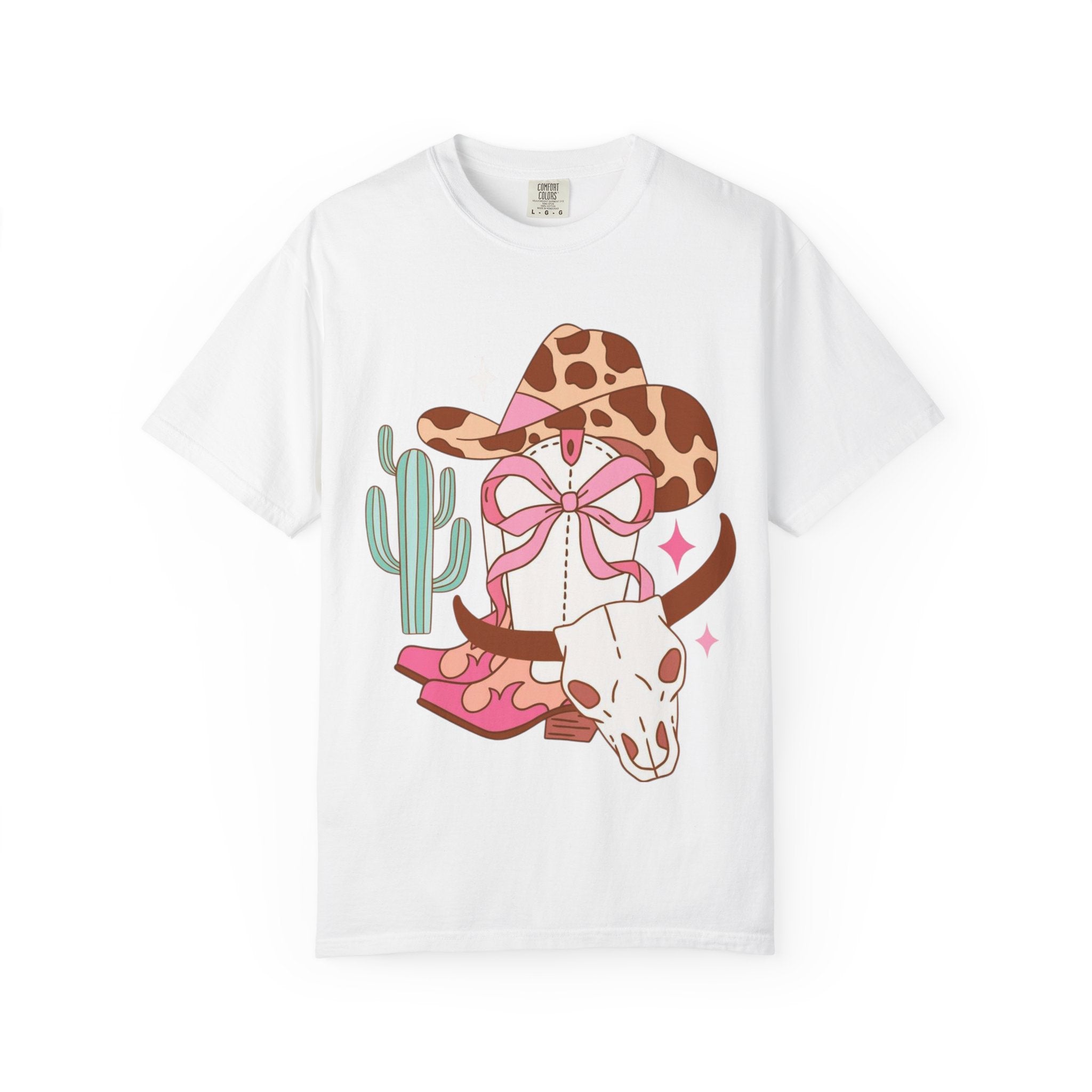 Cowgirl Skull Graphic T-Shirt — Western Cowhide Hat & Cactus Tee