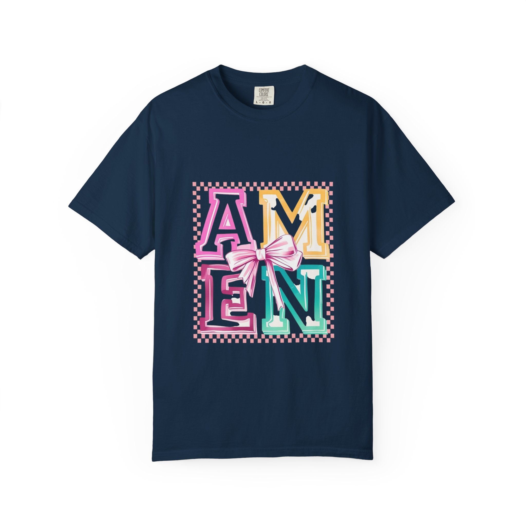 Amen Pastel Graphic T-Shirt — Retro Lettering with Bow