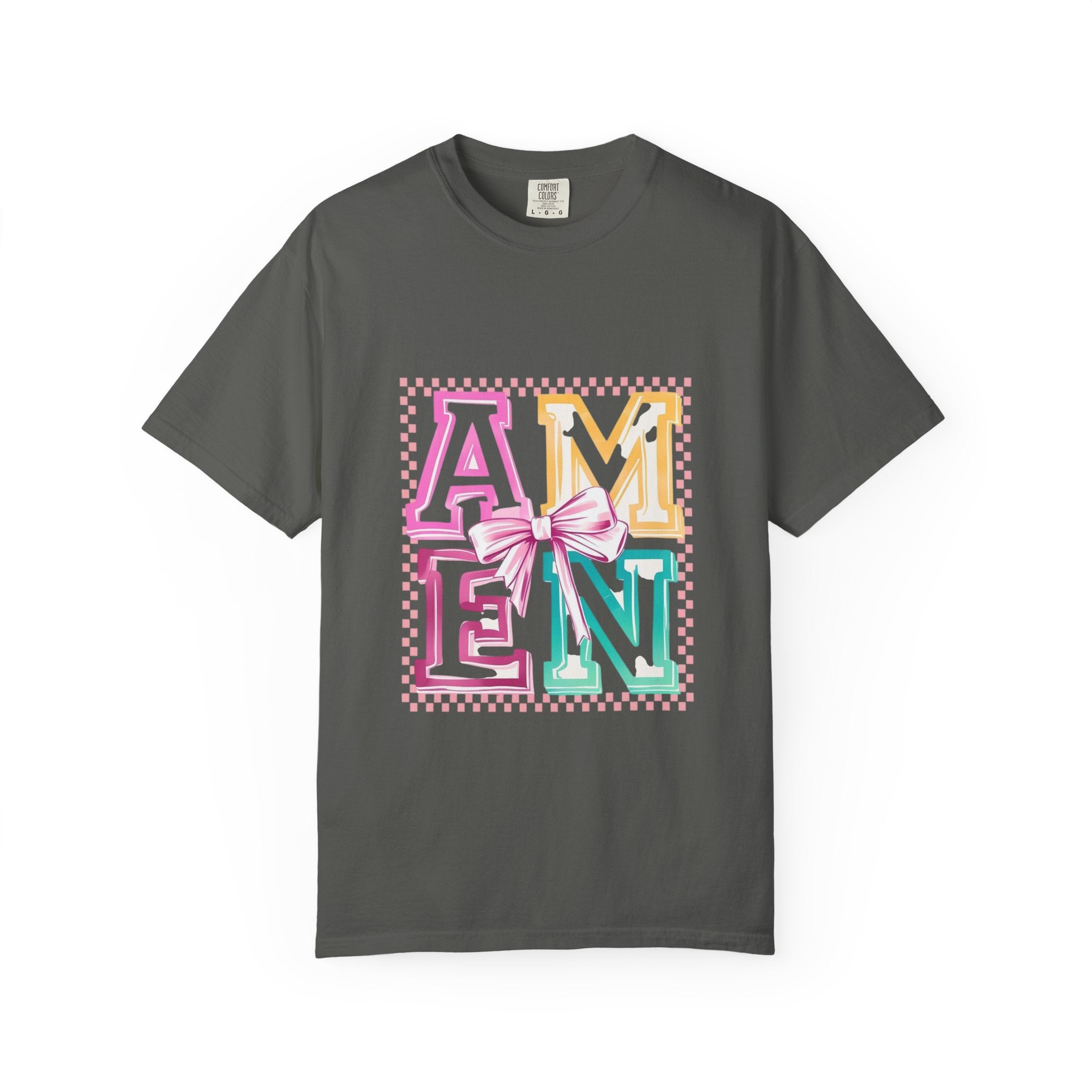 Amen Pastel Graphic T-Shirt — Retro Lettering with Bow