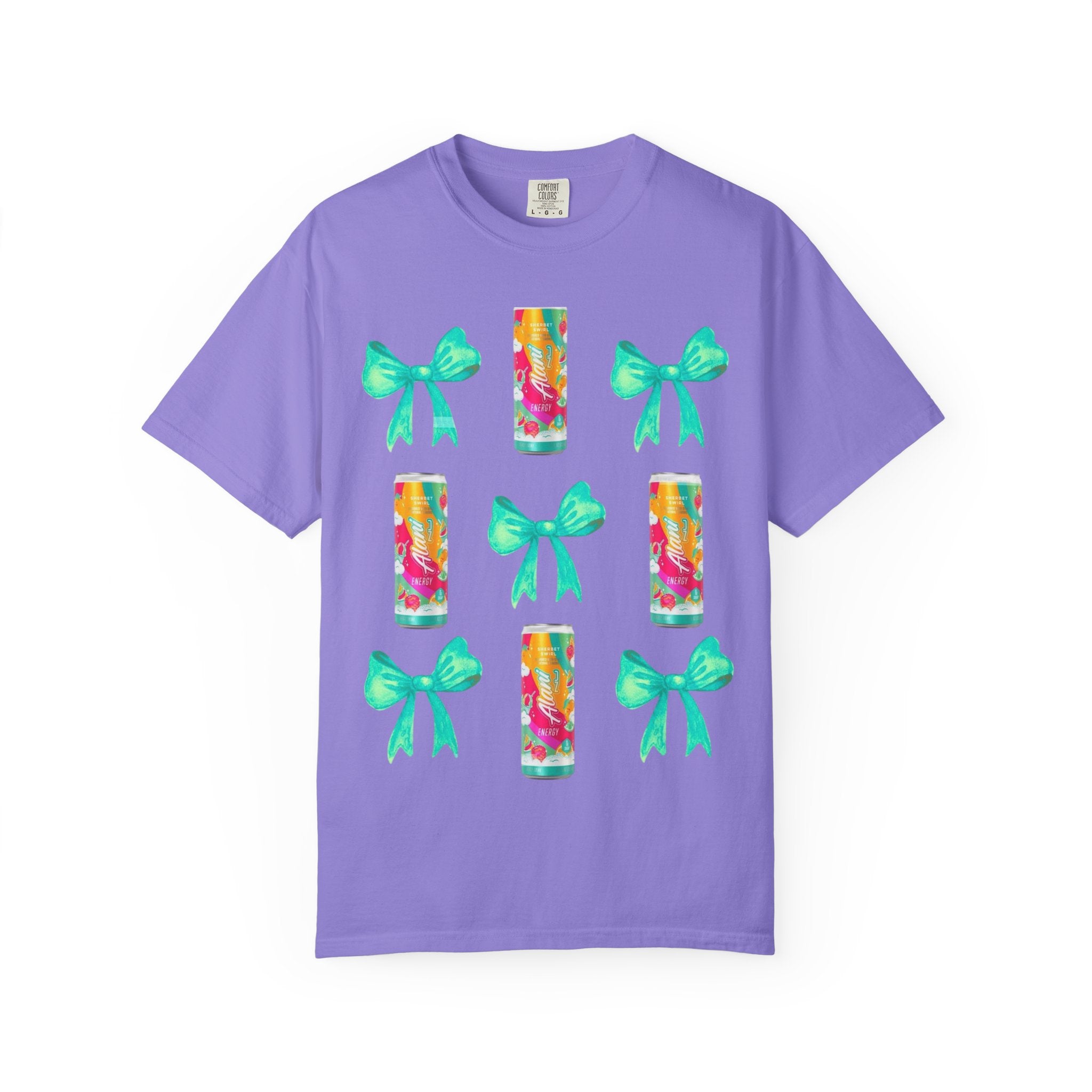 Bow & Can Pattern T-Shirt — Colorful Soda Can and Teal Bows Graphic Tee
