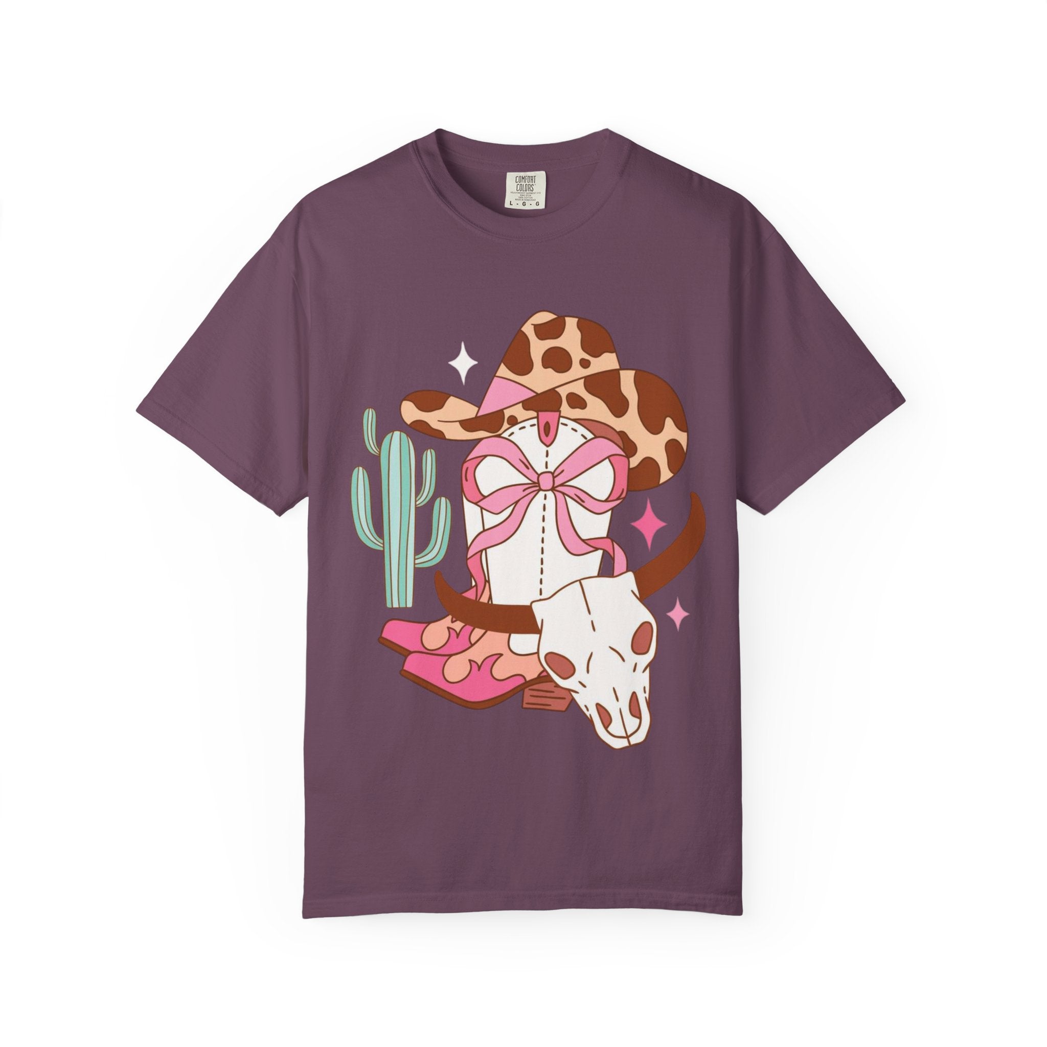 Cowgirl Skull Graphic T-Shirt — Western Cowhide Hat & Cactus Tee