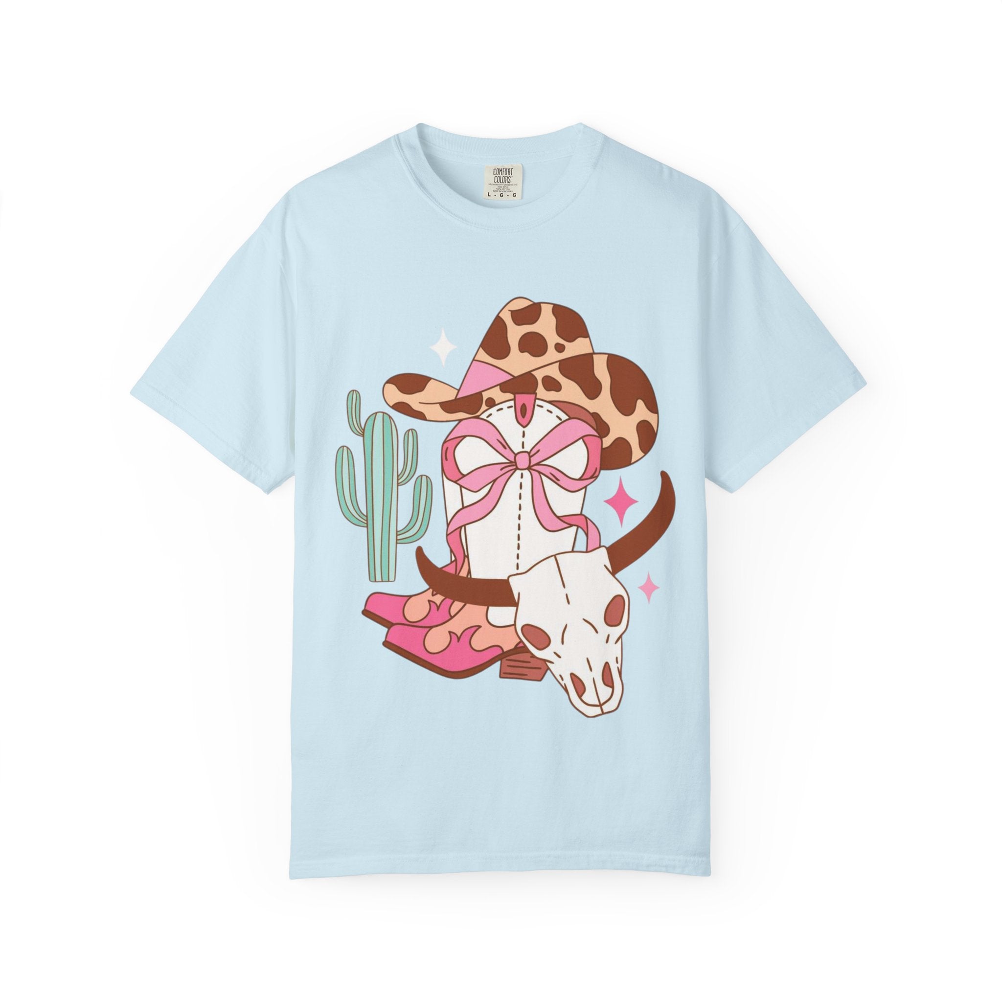 Cowgirl Skull Graphic T-Shirt — Western Cowhide Hat & Cactus Tee