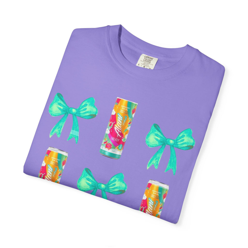 Bow & Can Pattern T-Shirt — Colorful Soda Can and Teal Bows Graphic Tee
