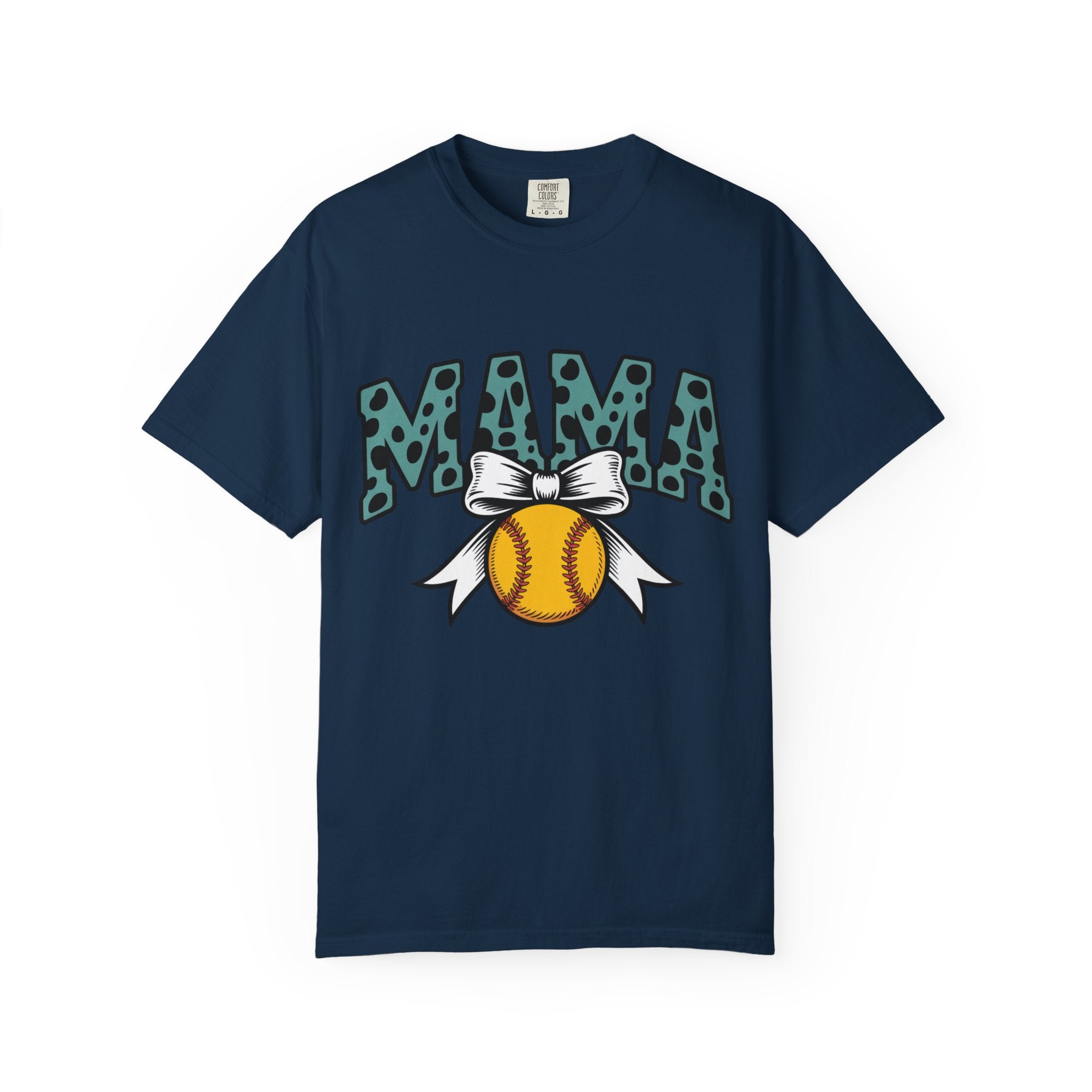 Softball Mama T-Shirt — Polka Dot 'MAMA' Design with Bow & Softball