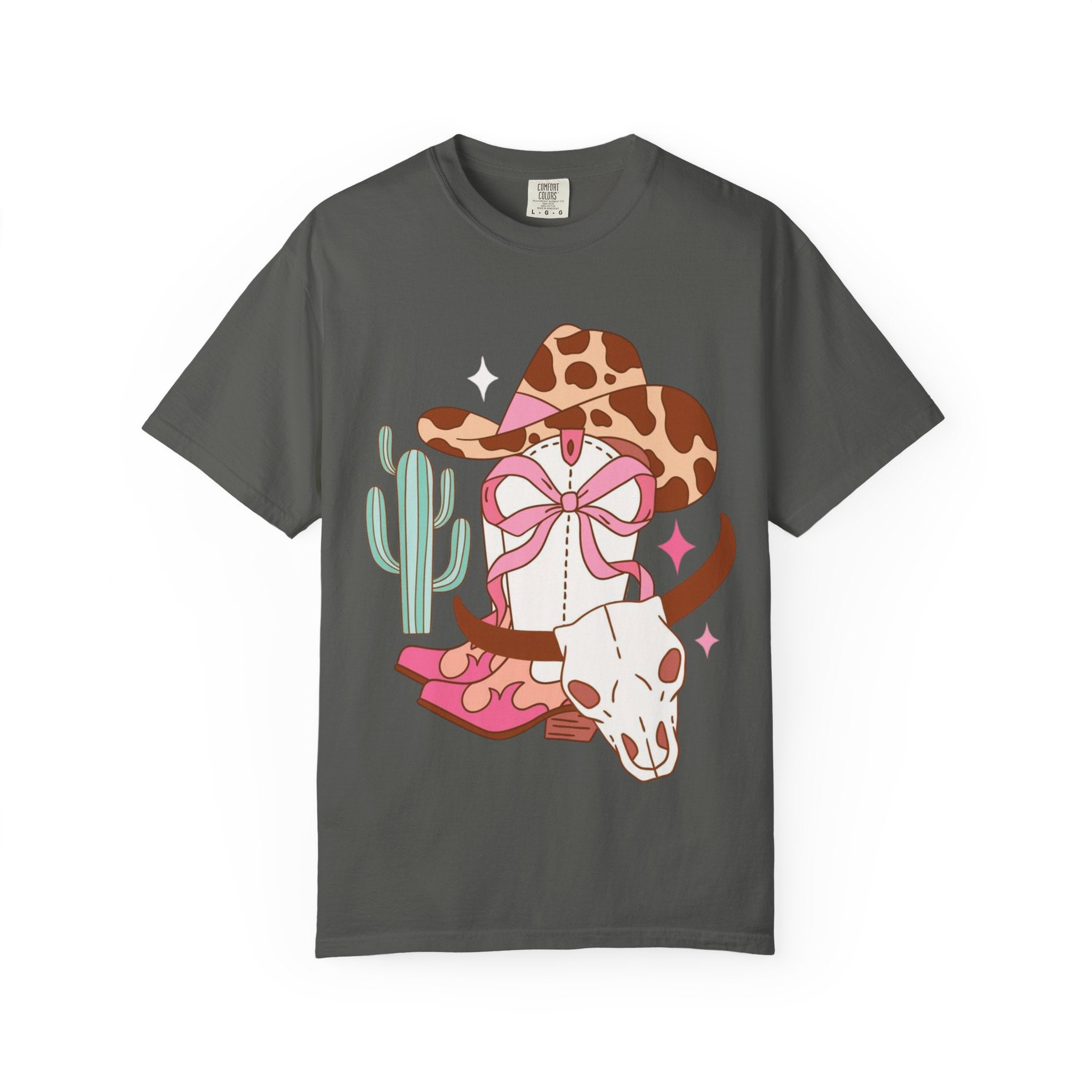Cowgirl Skull Graphic T-Shirt — Western Cowhide Hat & Cactus Tee