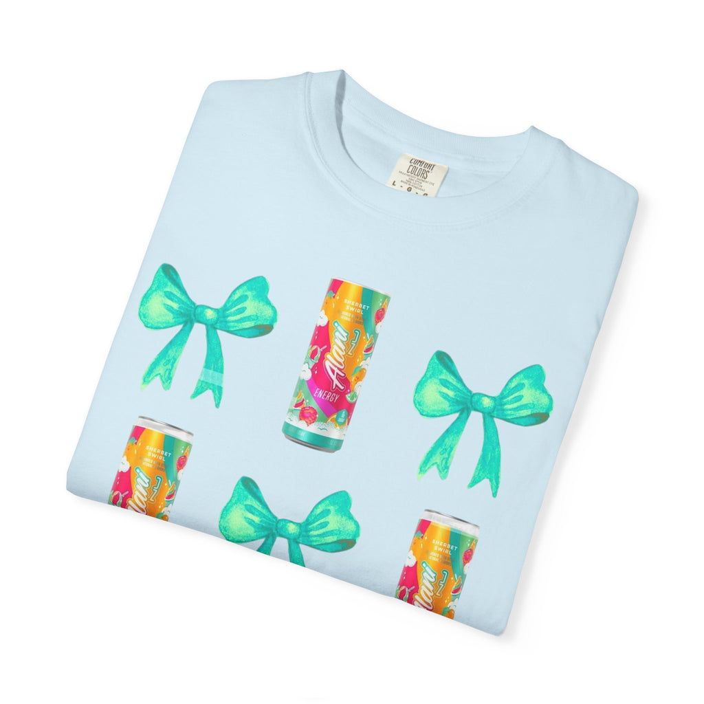 Bow & Can Pattern T-Shirt — Colorful Soda Can and Teal Bows Graphic Tee