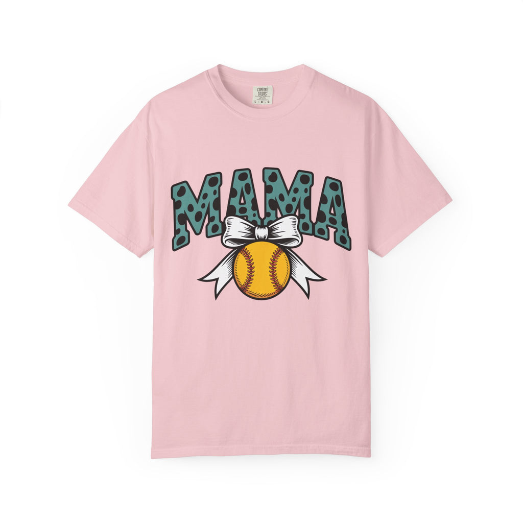 Softball Mama T-Shirt — Polka Dot 'MAMA' Design with Bow & Softball