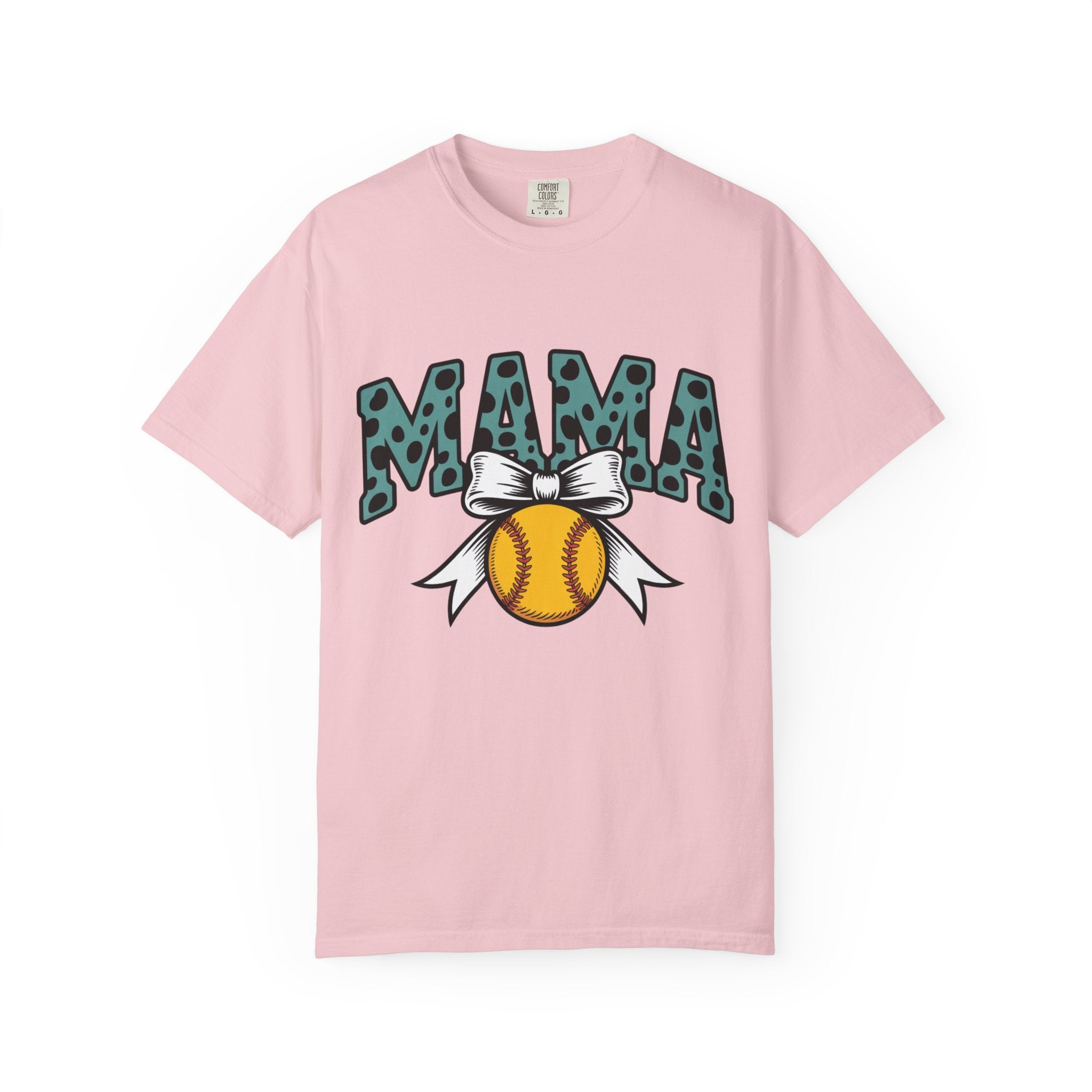 Softball Mama T-Shirt — Polka Dot 'MAMA' Design with Bow & Softball
