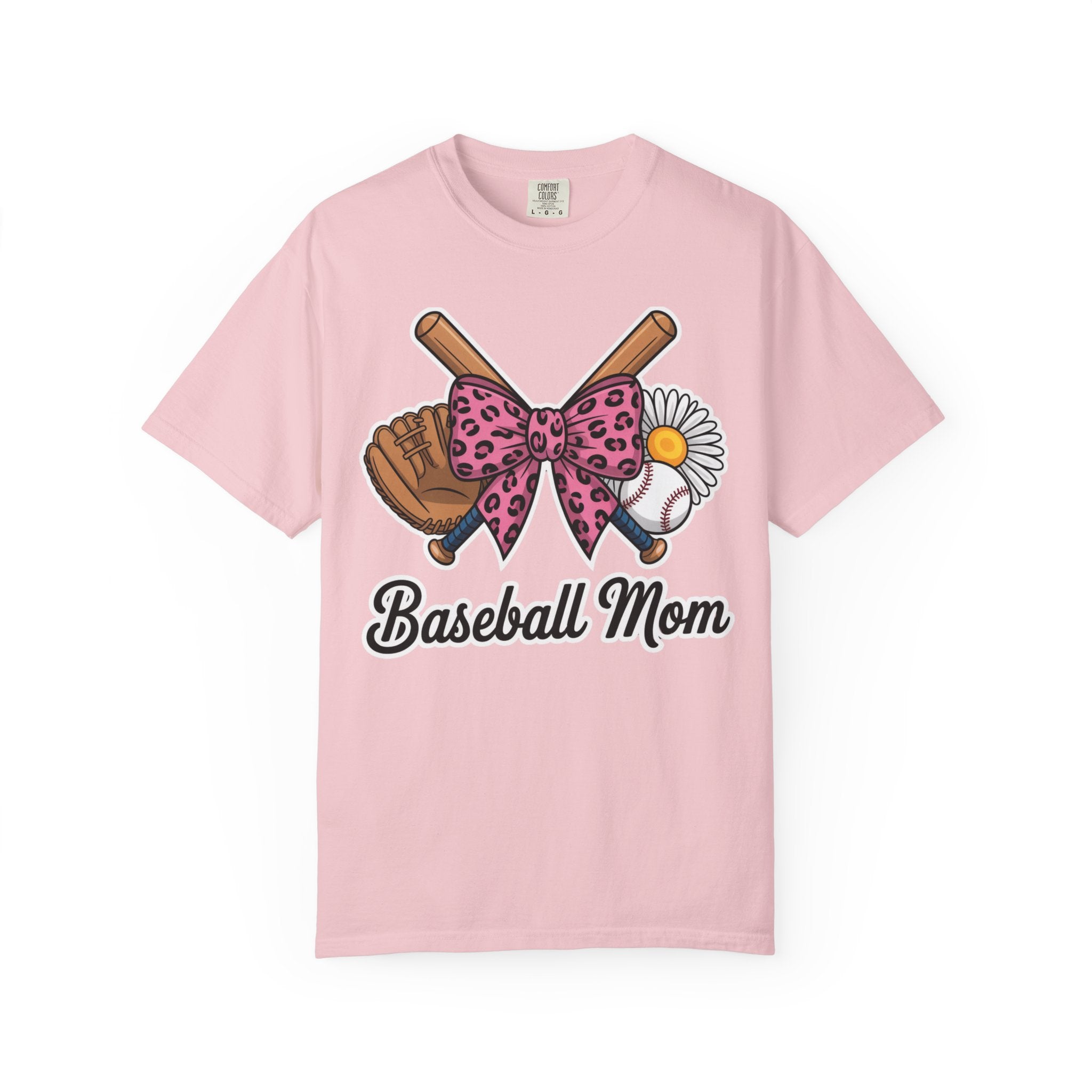 Baseball Mom T-Shirt — Pink Leopard Bow, Glove & Daisy Graphic