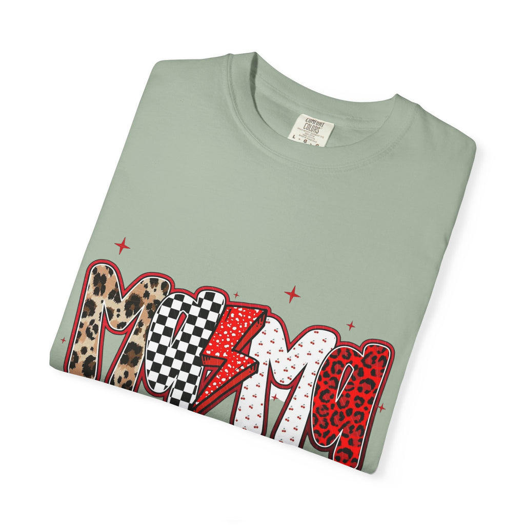 Mom Lightning Bolt Graphic T-Shirt — Retro Checker & Leopard Print Cute Mom Tee