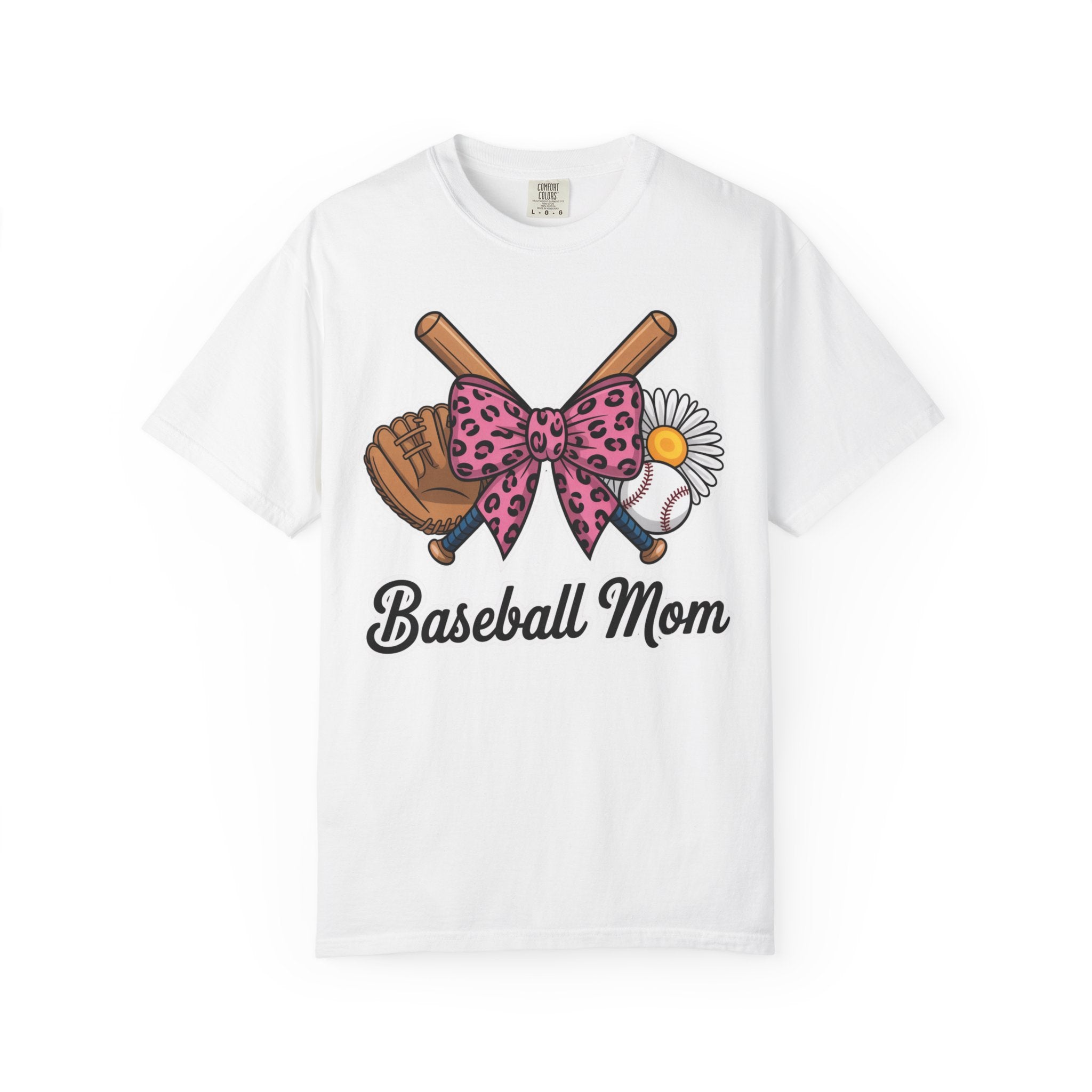 Baseball Mom T-Shirt — Pink Leopard Bow, Glove & Daisy Graphic