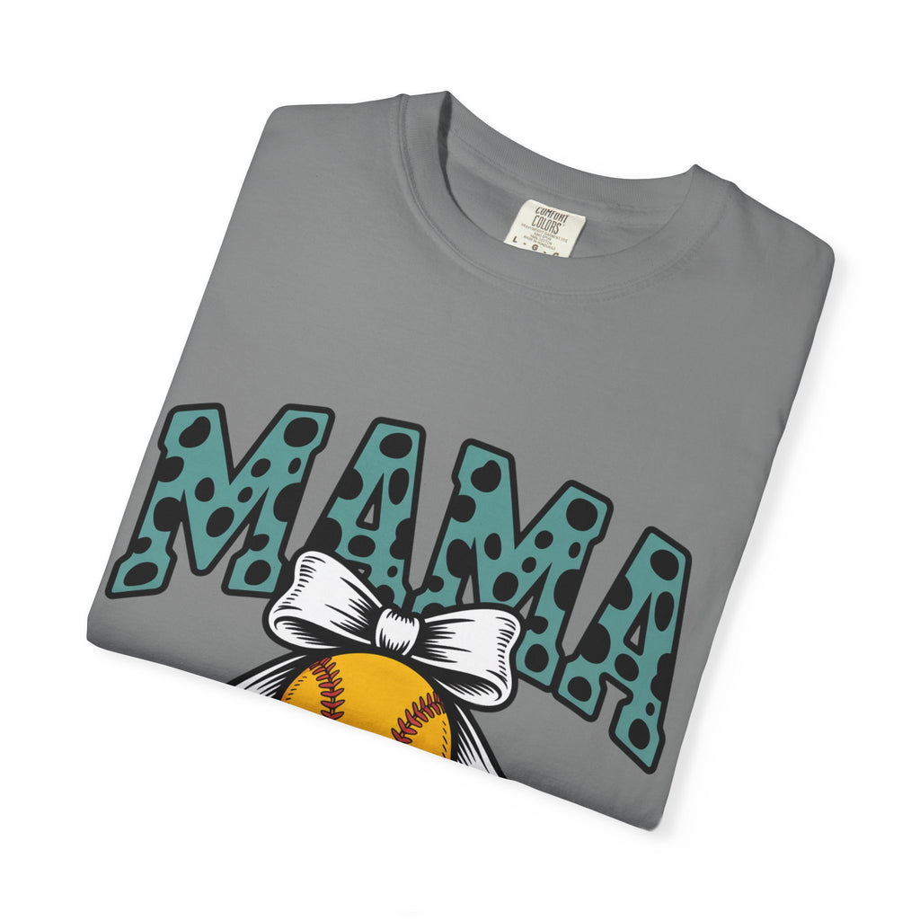 Softball Mama T-Shirt — Polka Dot 'MAMA' Design with Bow & Softball