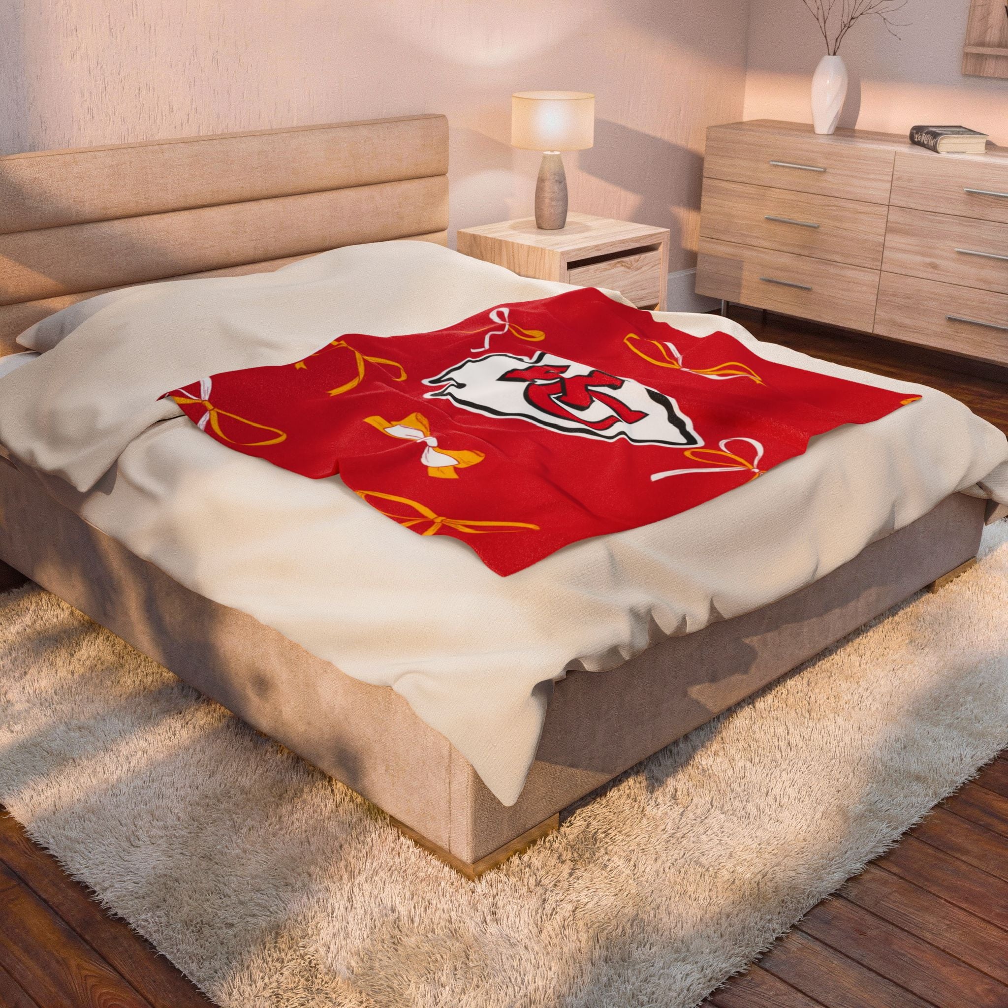 Kansas City Chiefs Velveteen Plush Blanket — Red Bow Pattern Cozy Throw