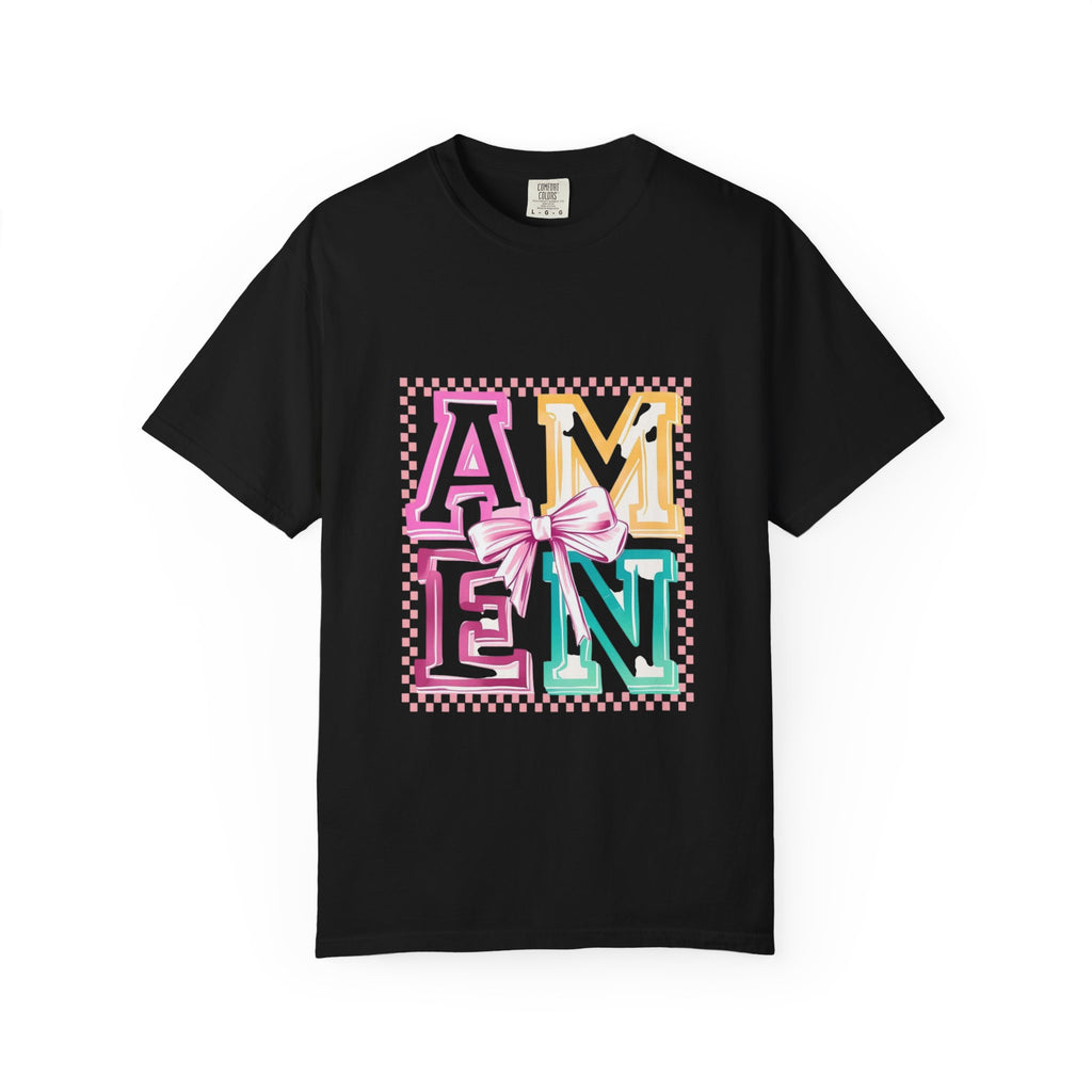 Amen Pastel Graphic T-Shirt — Retro Lettering with Bow