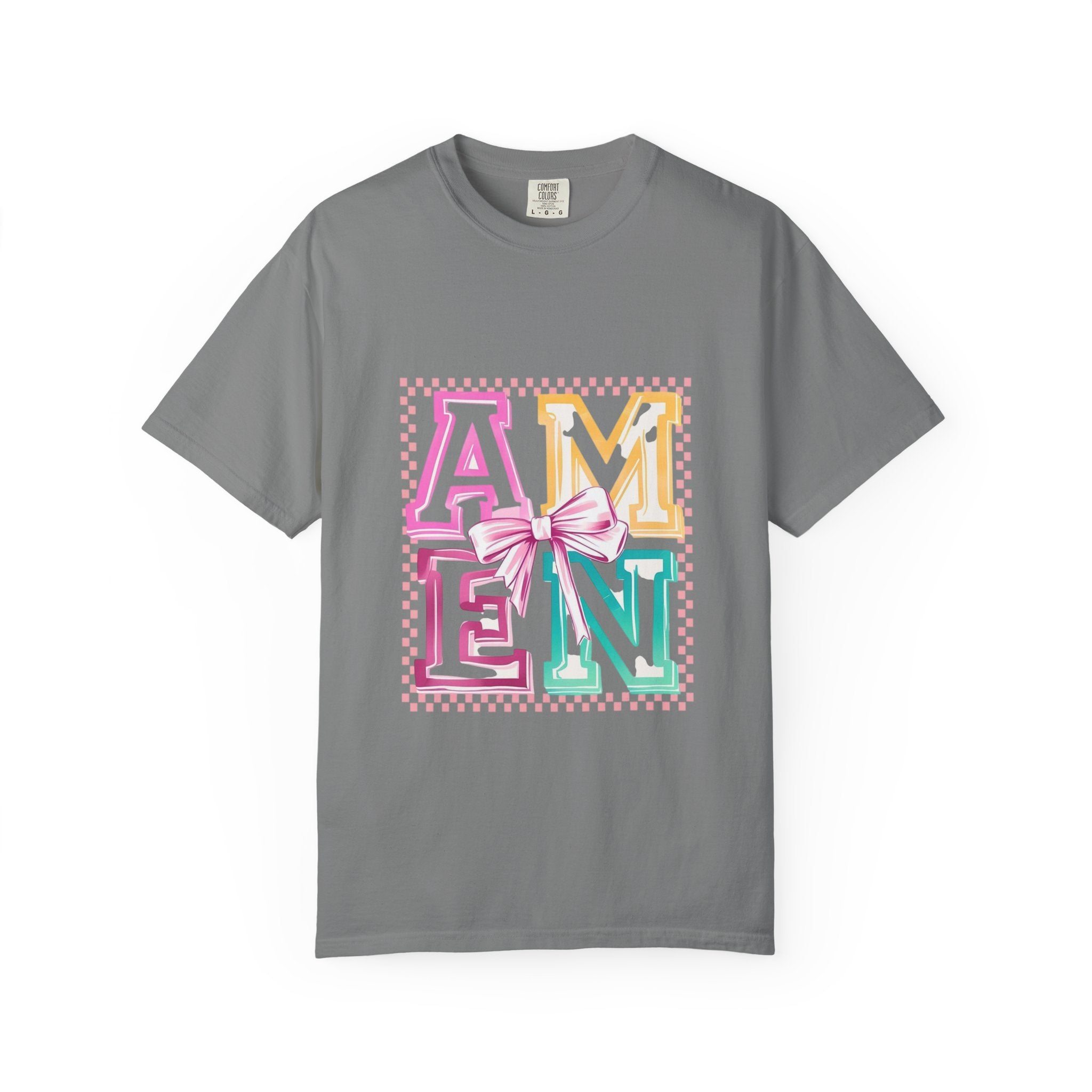 Amen Pastel Graphic T-Shirt — Retro Lettering with Bow