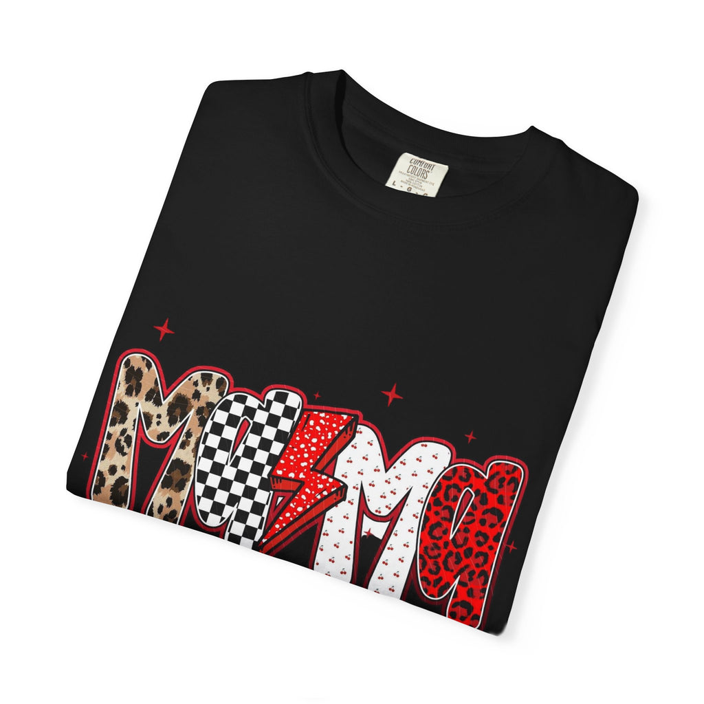 Mom Lightning Bolt Graphic T-Shirt — Retro Checker & Leopard Print Cute Mom Tee