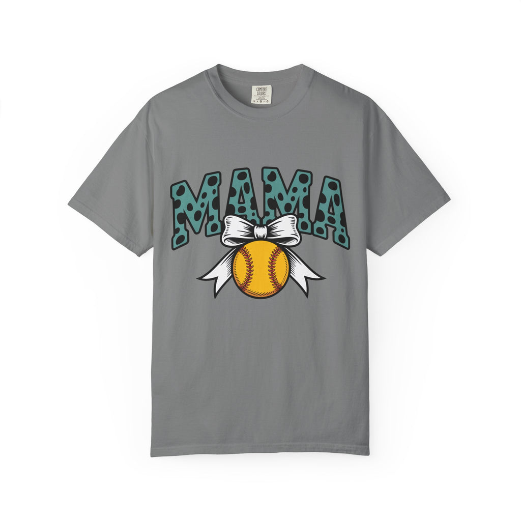 Softball Mama T-Shirt — Polka Dot 'MAMA' Design with Bow & Softball