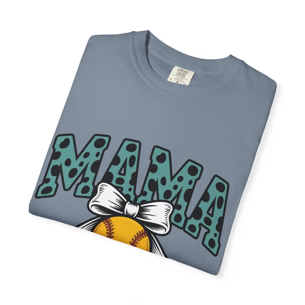 Softball Mama T-Shirt — Polka Dot 'MAMA' Design with Bow & Softball