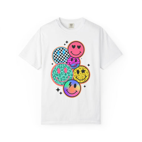 Retro Smiley Faces Graphic T-Shirt — Neon Psychedelic Badge Design