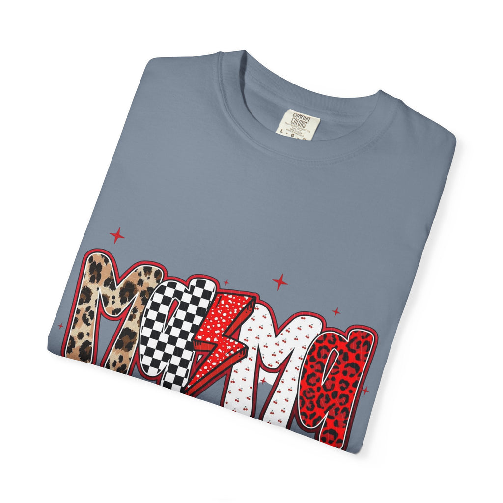 Mom Lightning Bolt Graphic T-Shirt — Retro Checker & Leopard Print Cute Mom Tee