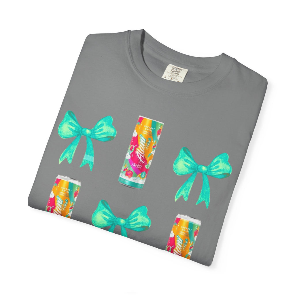 Bow & Can Pattern T-Shirt — Colorful Soda Can and Teal Bows Graphic Tee