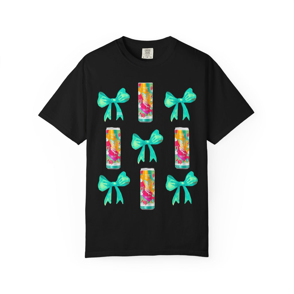 Bow & Can Pattern T-Shirt — Colorful Soda Can and Teal Bows Graphic Tee