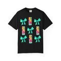 Bow & Can Pattern T-Shirt — Colorful Soda Can and Teal Bows Graphic Tee