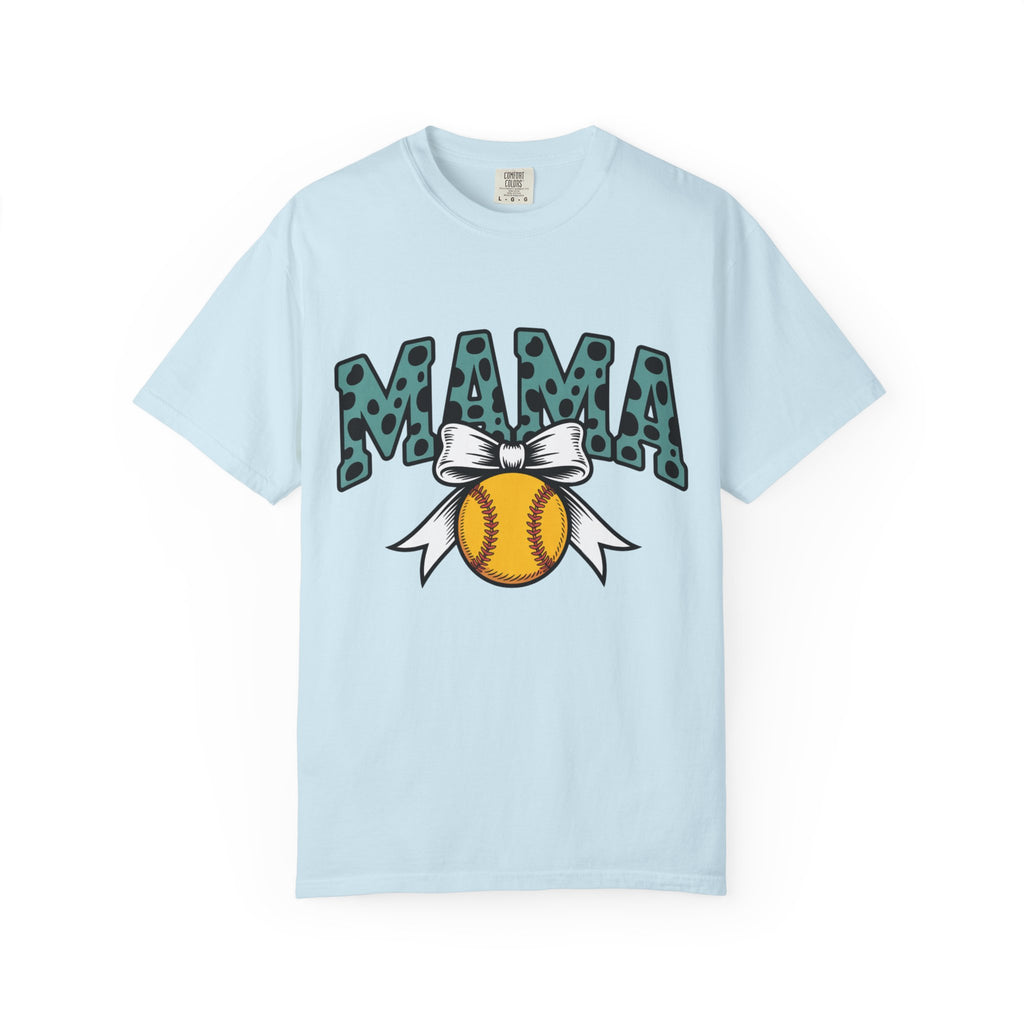 Softball Mama T-Shirt — Polka Dot 'MAMA' Design with Bow & Softball