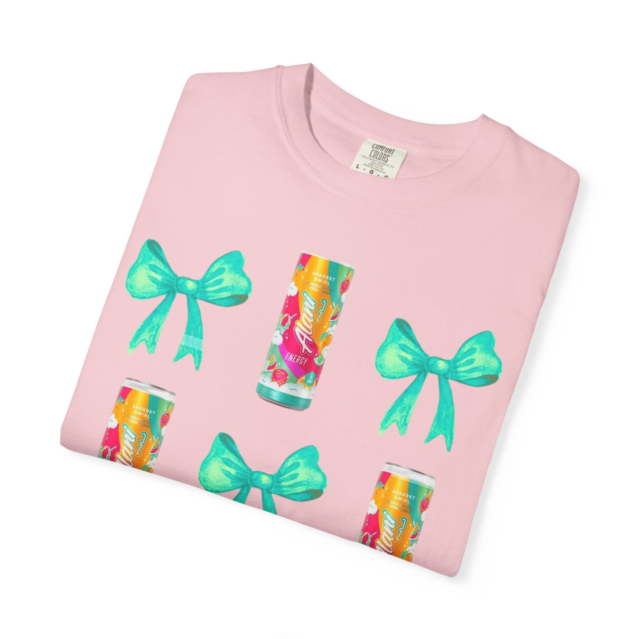 Bow & Can Pattern T-Shirt — Colorful Soda Can and Teal Bows Graphic Tee