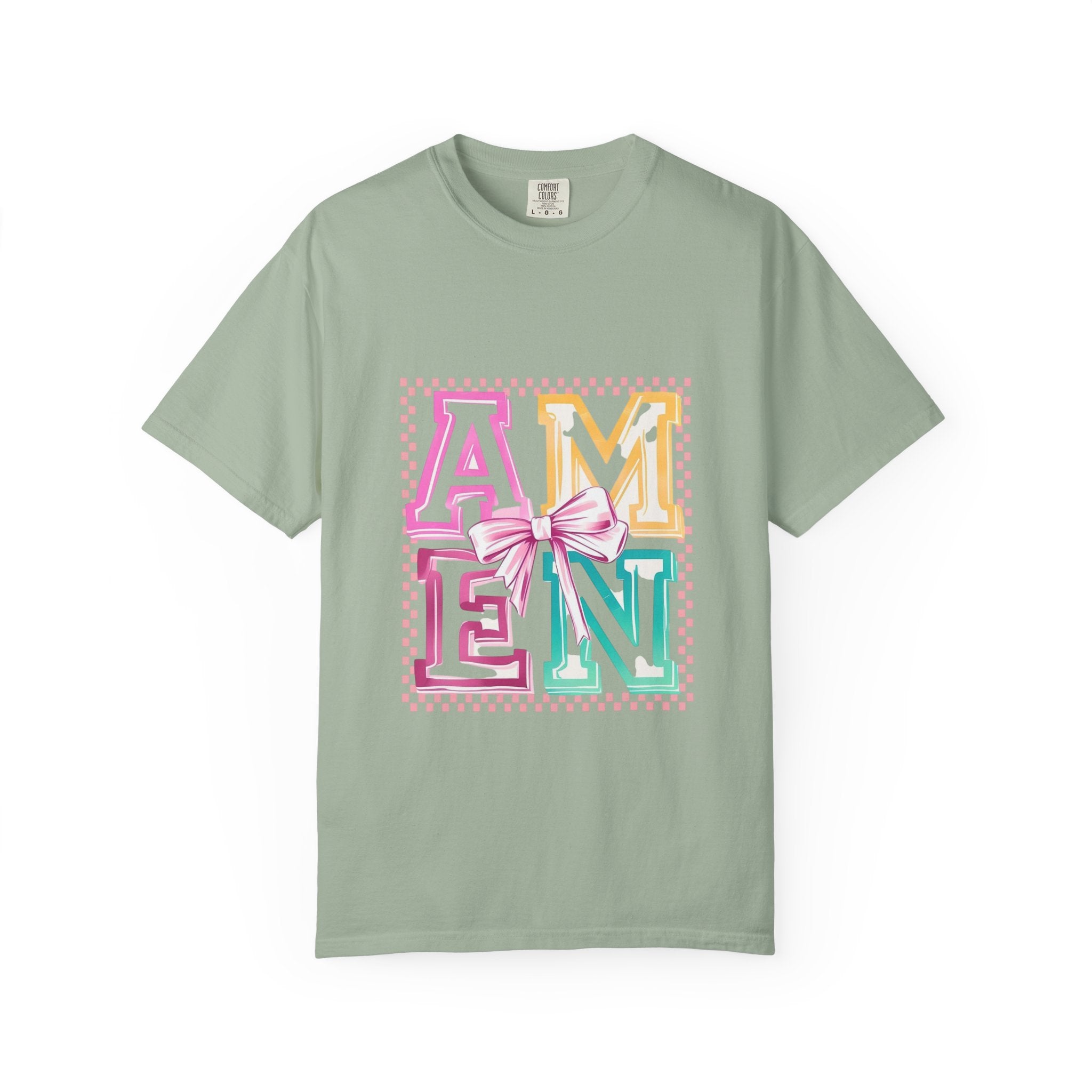Amen Pastel Graphic T-Shirt — Retro Lettering with Bow
