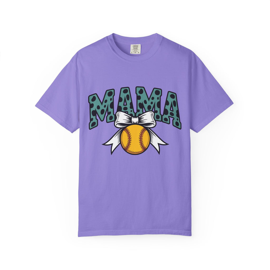 Softball Mama T-Shirt — Polka Dot 'MAMA' Design with Bow & Softball