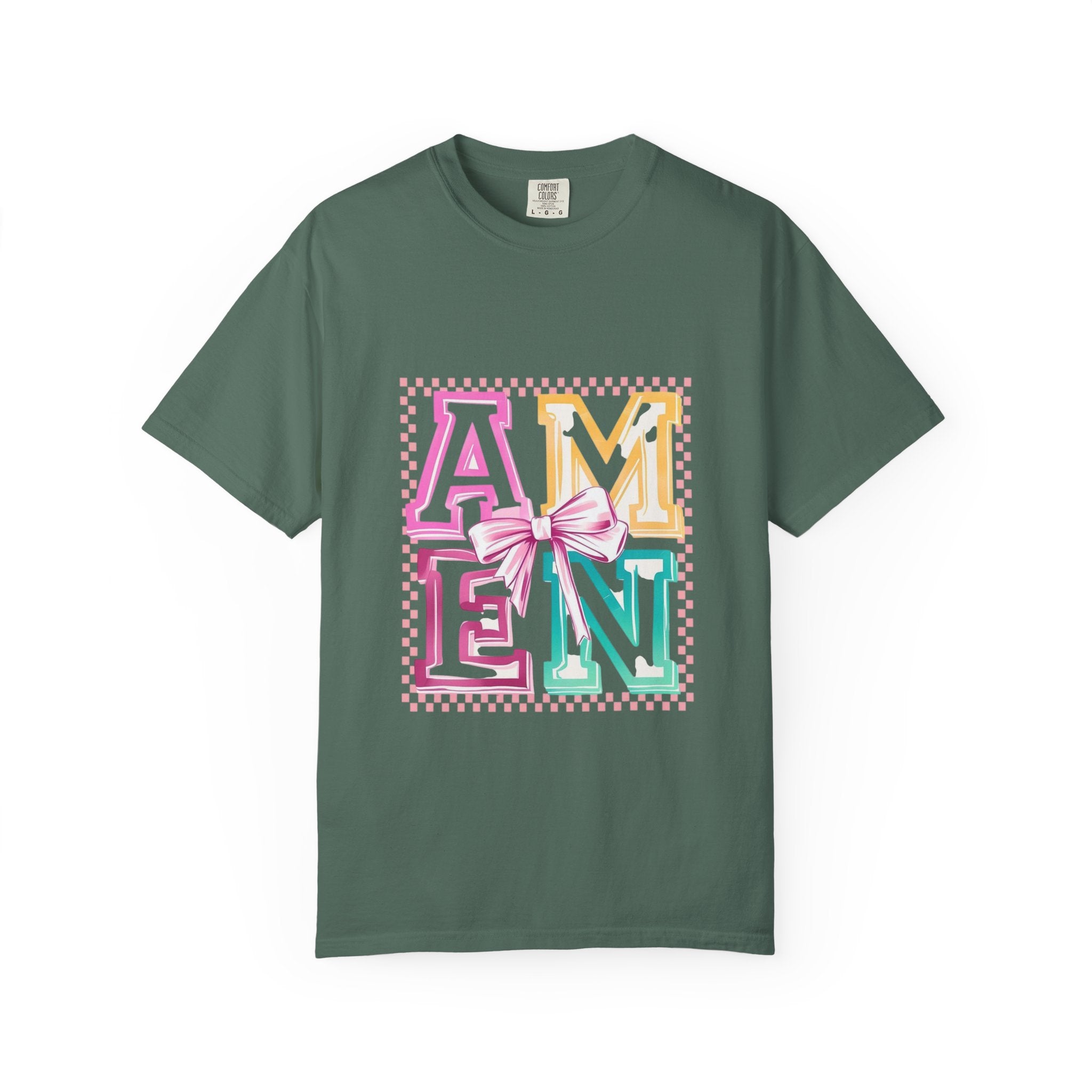 Amen Pastel Graphic T-Shirt — Retro Lettering with Bow