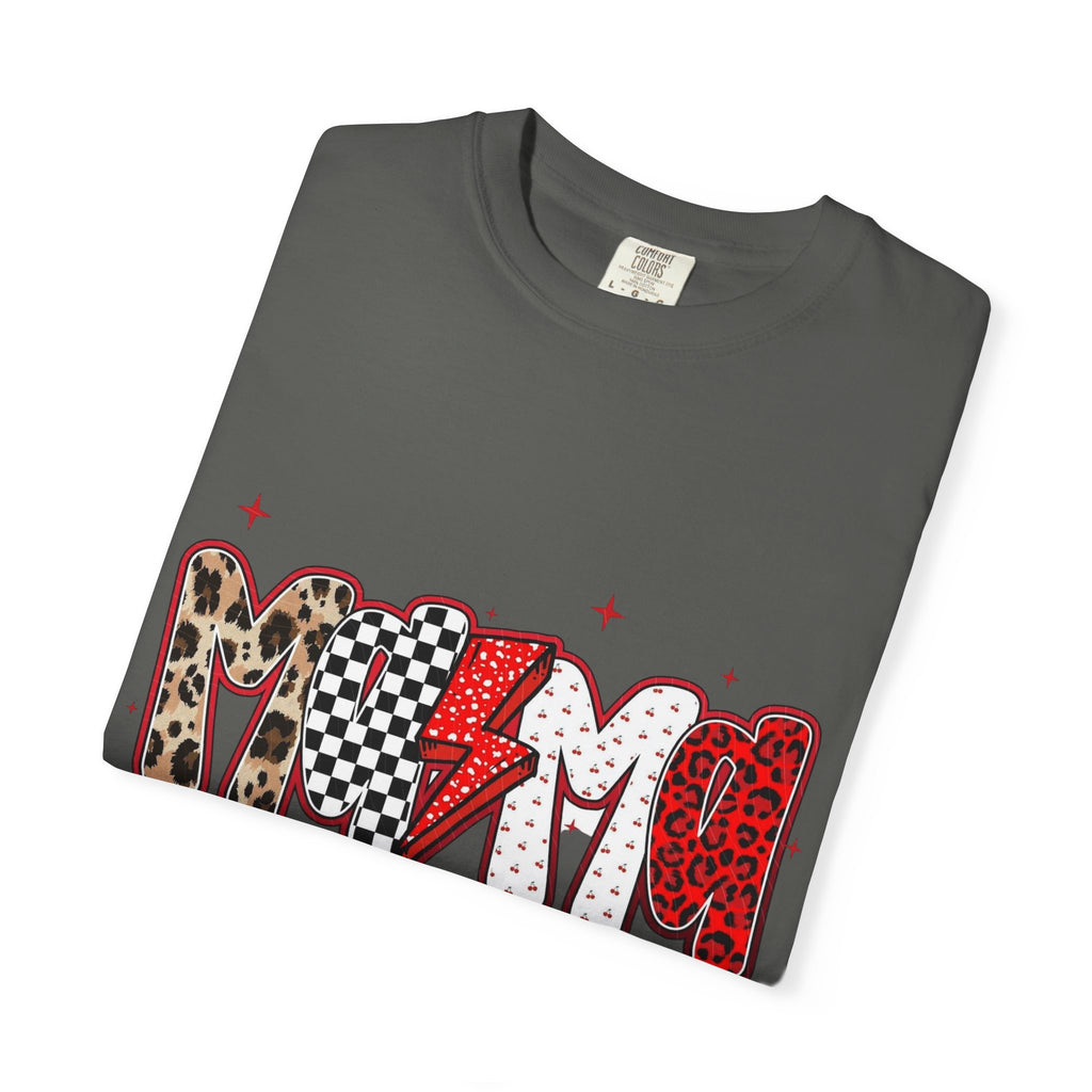 Mom Lightning Bolt Graphic T-Shirt — Retro Checker & Leopard Print Cute Mom Tee
