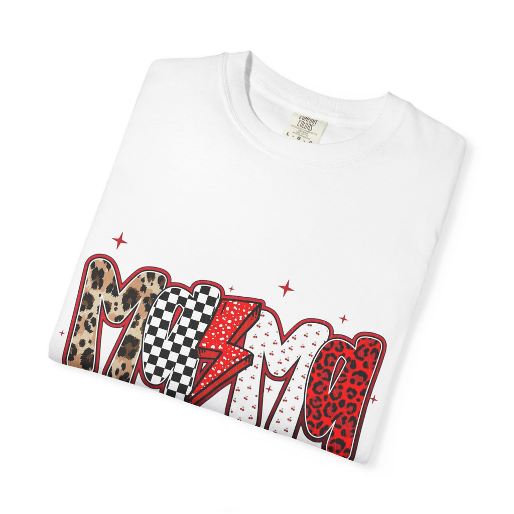 Mom Lightning Bolt Graphic T-Shirt — Retro Checker & Leopard Print Cute Mom Tee