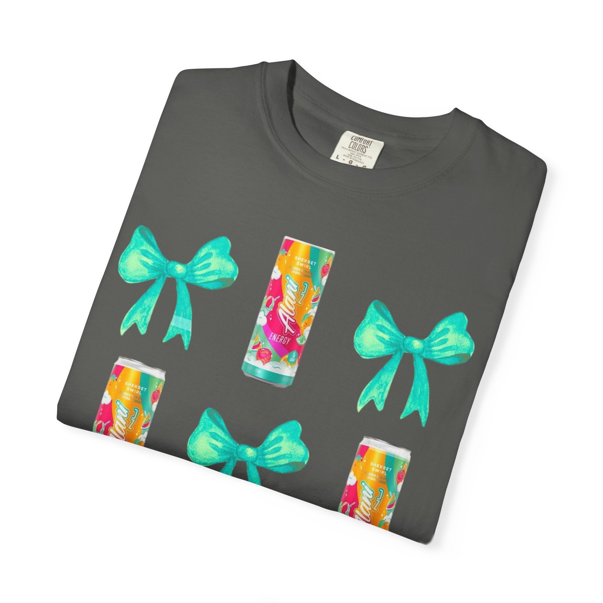 Bow & Can Pattern T-Shirt — Colorful Soda Can and Teal Bows Graphic Tee