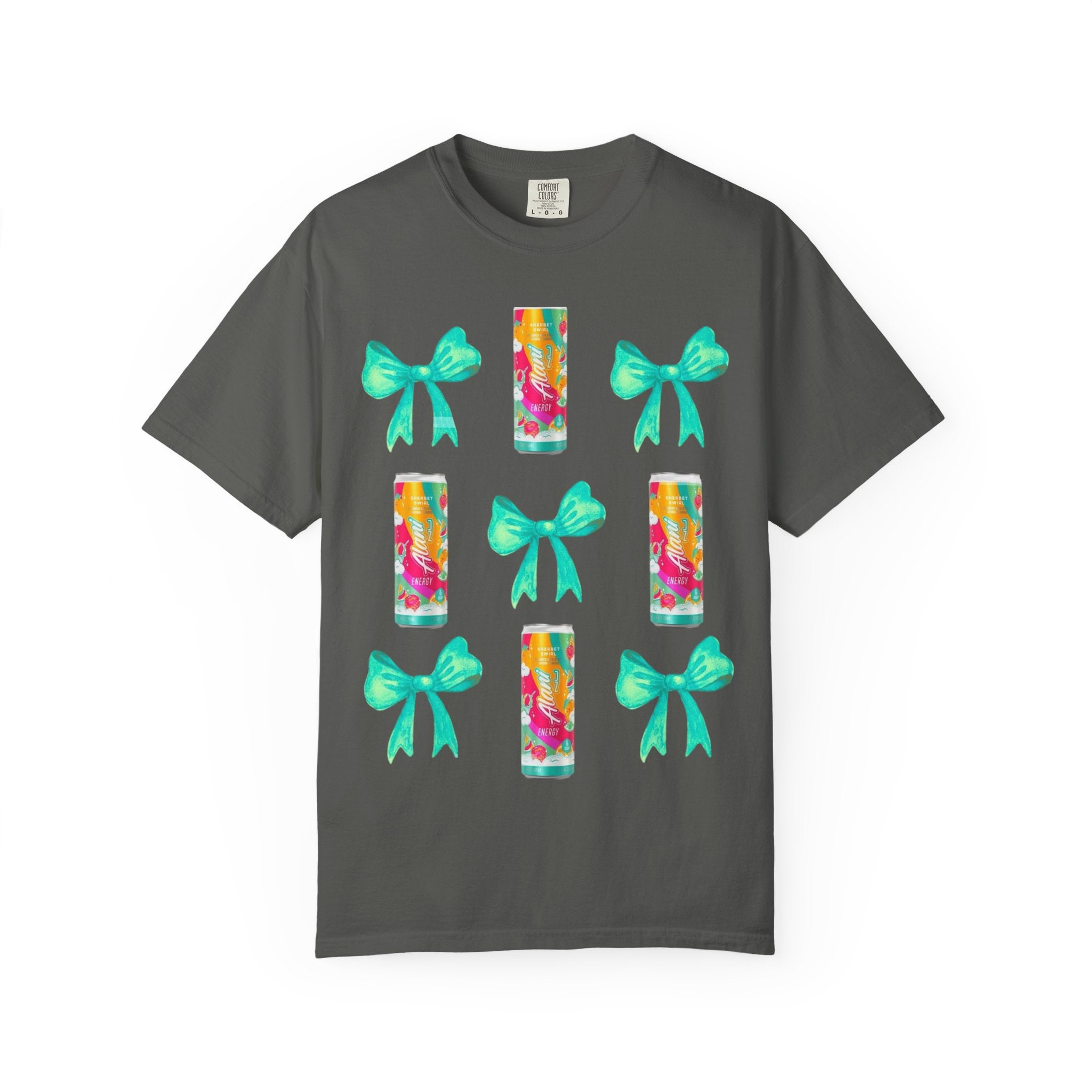 Bow & Can Pattern T-Shirt — Colorful Soda Can and Teal Bows Graphic Tee