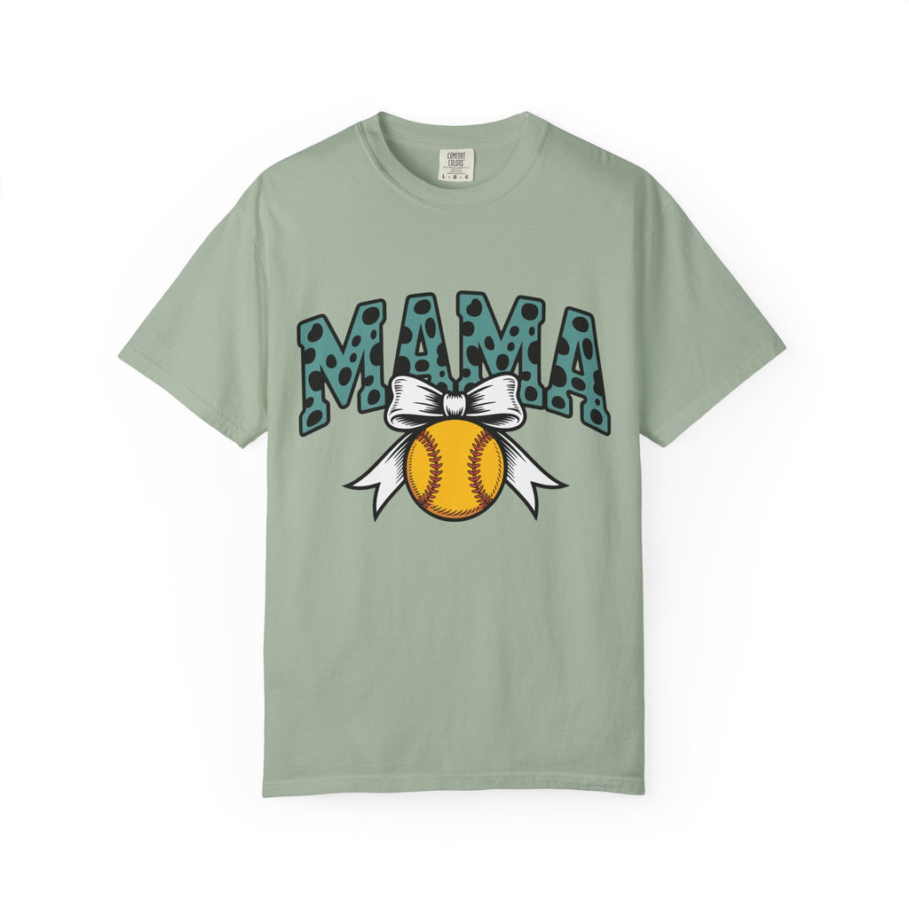 Softball Mama T-Shirt — Polka Dot 'MAMA' Design with Bow & Softball