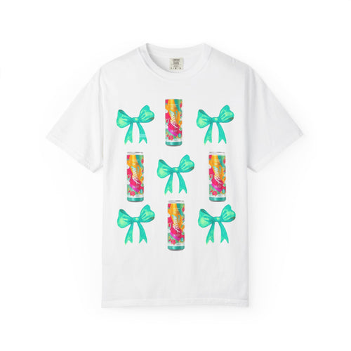 Bow & Can Pattern T-Shirt — Colorful Soda Can and Teal Bows Graphic Tee