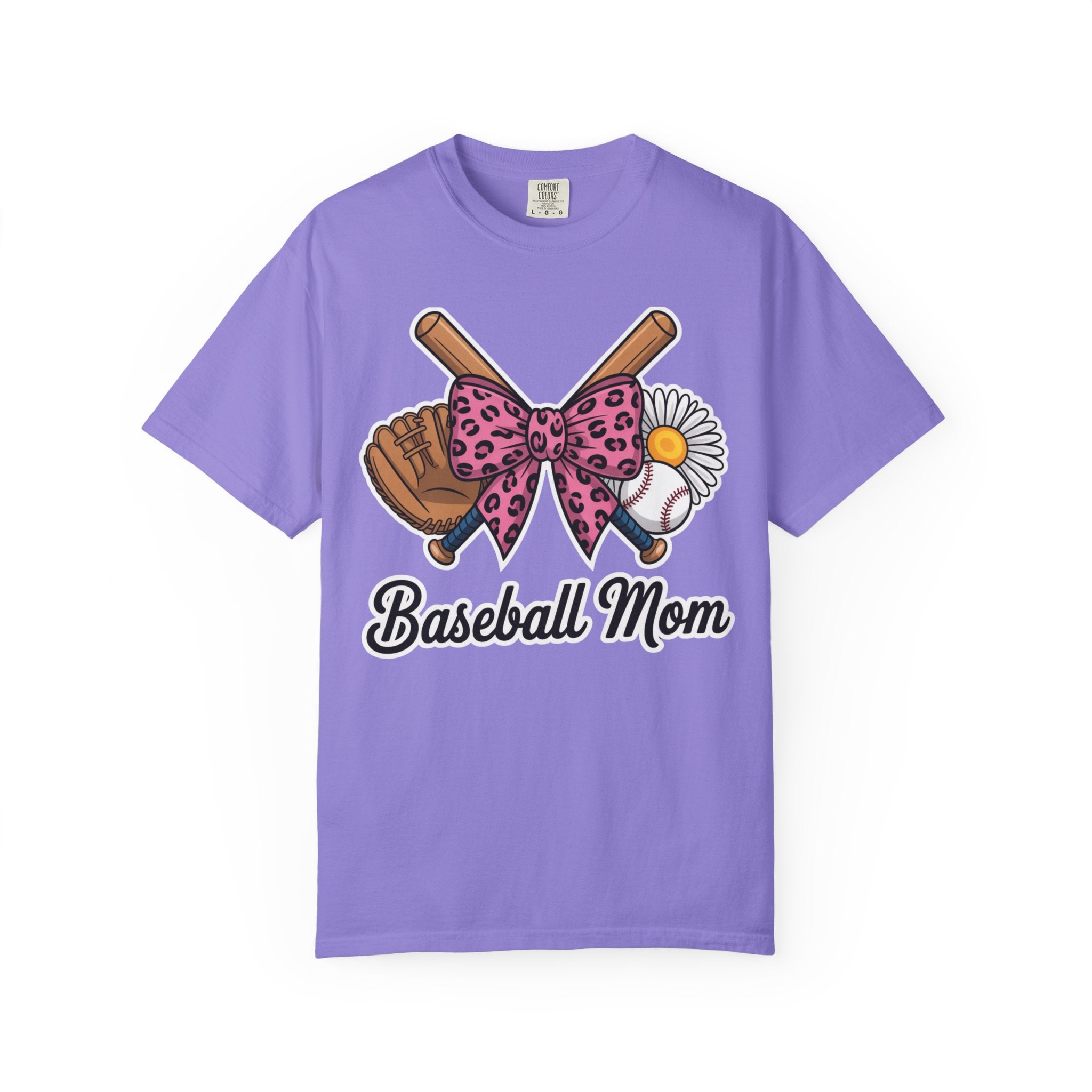 Baseball Mom T-Shirt — Pink Leopard Bow, Glove & Daisy Graphic